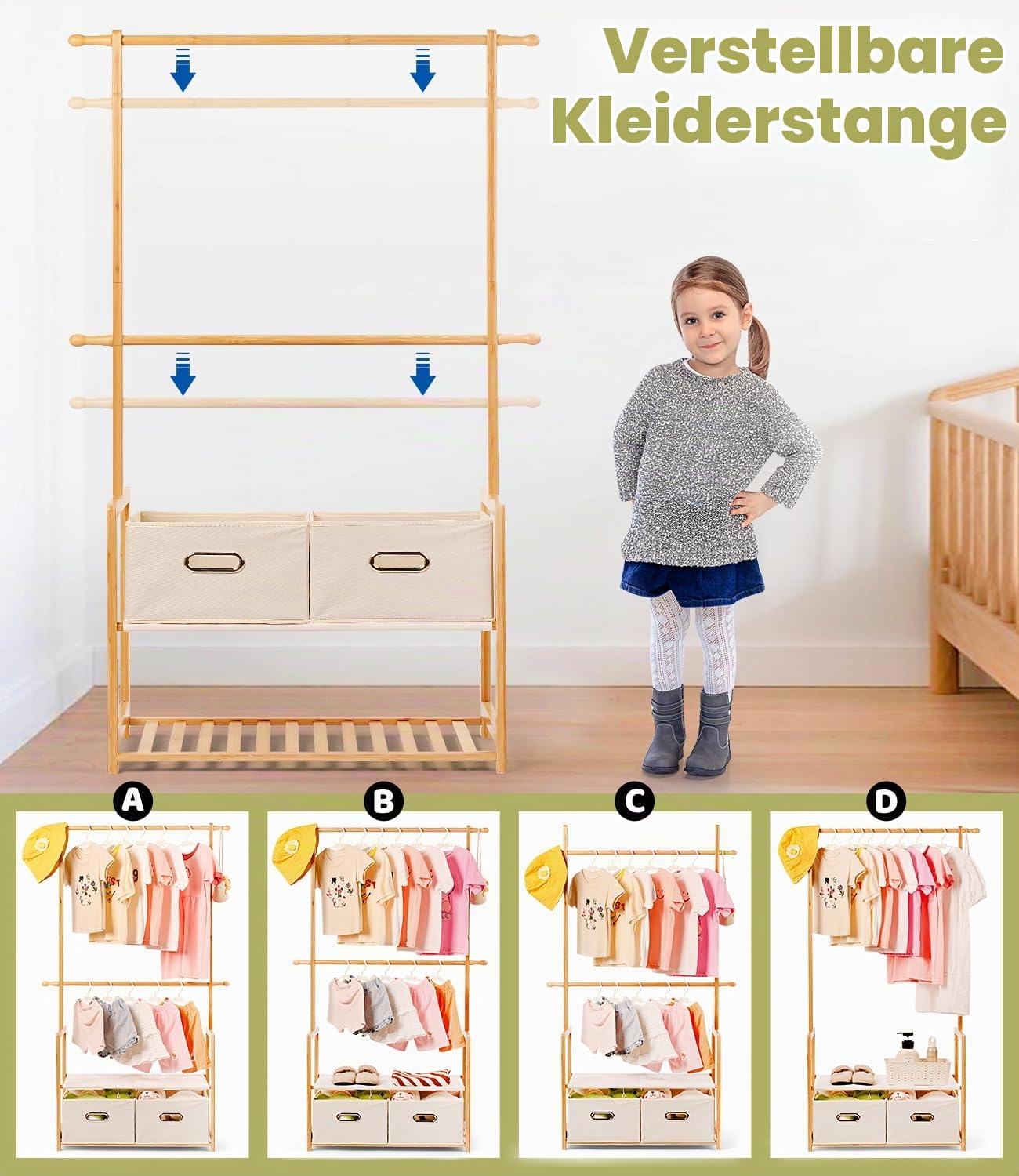 Bambus Kinder Kleiderständer, mit 2 Aufbewahrungskiste und 2 Verstellbaren Hängestangen, Kleiderstange & Ablage, Kinderzimmer, Kindergarderobe, für Baby Mädchen Jungs (Naturfarbe)