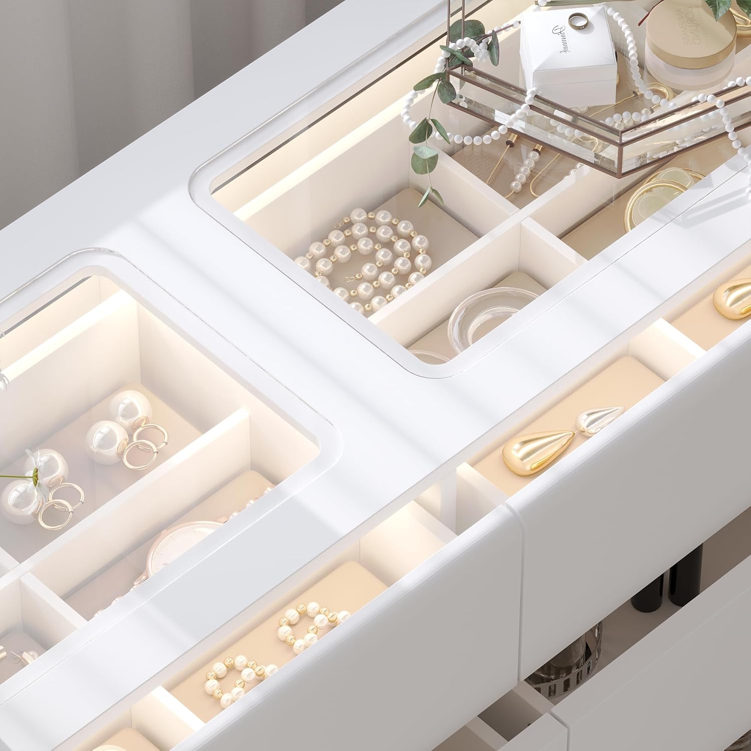 8 Drawer Dresser for Bedroom, White Dresser with Glass Top & Lights, Display Cabinet with Jewelry Organizer, Chest of Drawers for Walk in Closet Living Room, 13.8”D x 55.1”W x 31.5”H