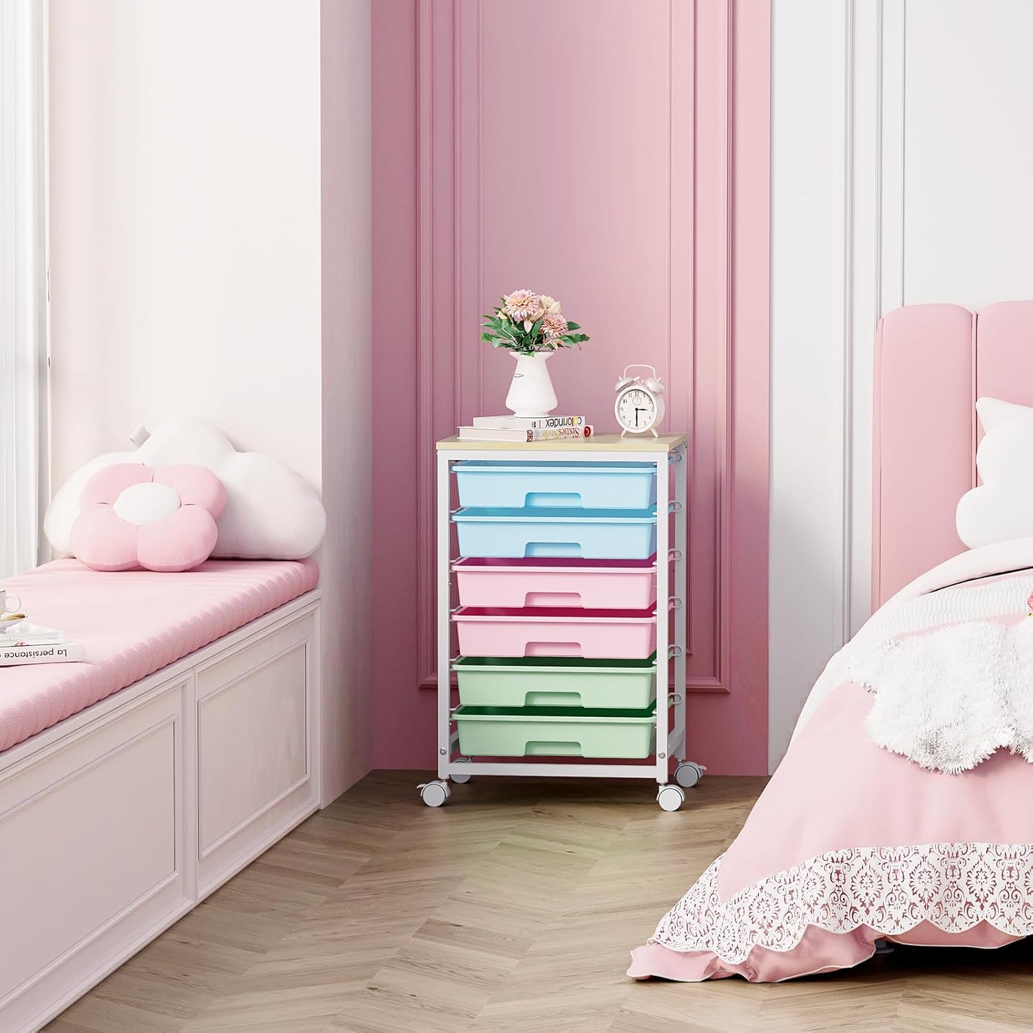 Rolling Cart with Drawers,Utility Cart with 6 Drawers,Rolling Storage Cart with Drawers and Wooden Tabletop & Lockable Wheel,Colorful