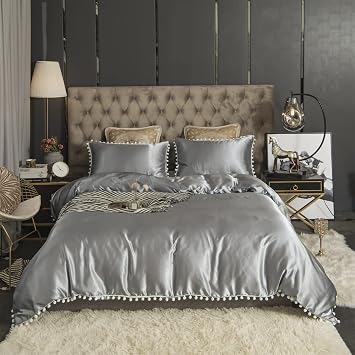 Herside Satin Duvet Cover King Grey Silk Like Satin Bedding Set Pom Pom Fringed Silky Duvet Cover with 2 Pillowcases -Grey, King
