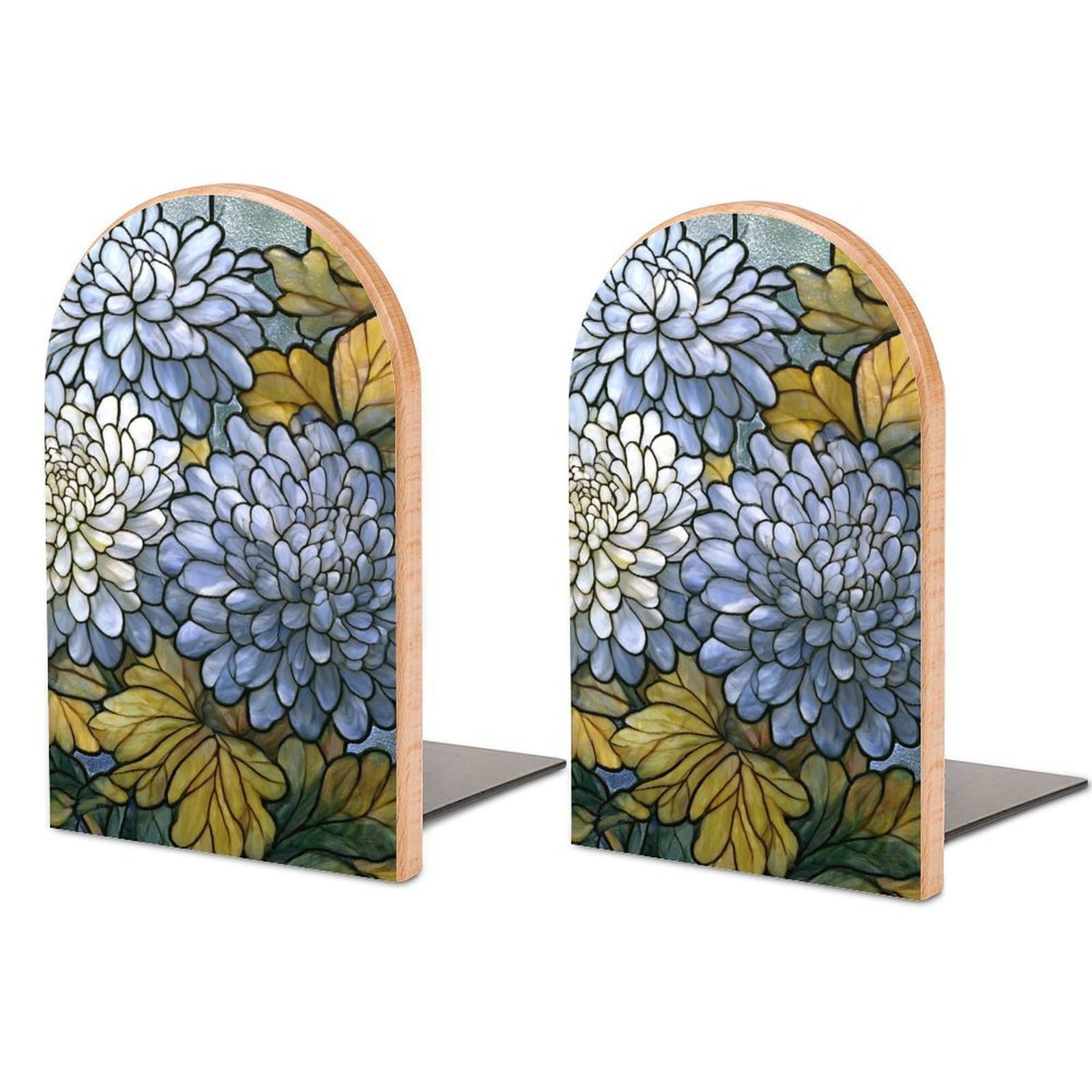 Floral White Chrysanthemum Flower Pattern Wooden Bookends Shelves 2 PCS Sturdy Book Holders Desktop Organizer for Home Office Libraries