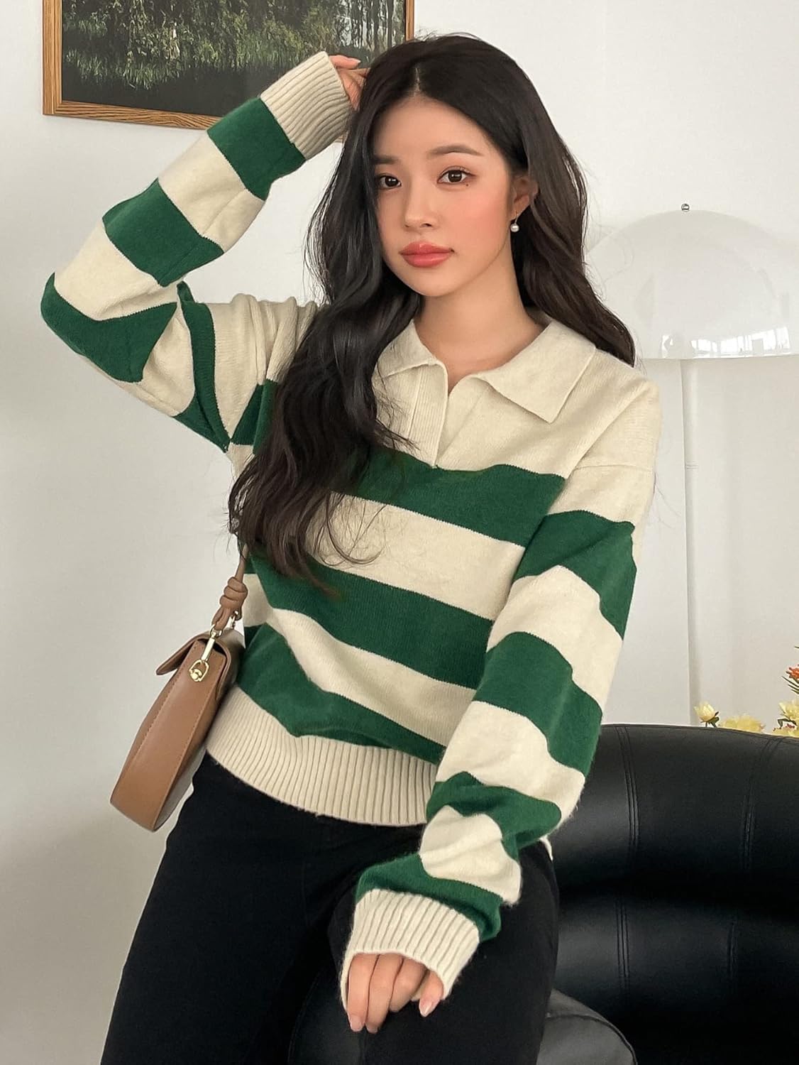 Women's Sweater Striped Pattern Drop Shoulder Polo Neck Sweater Sweater for Women (Size : Medium)