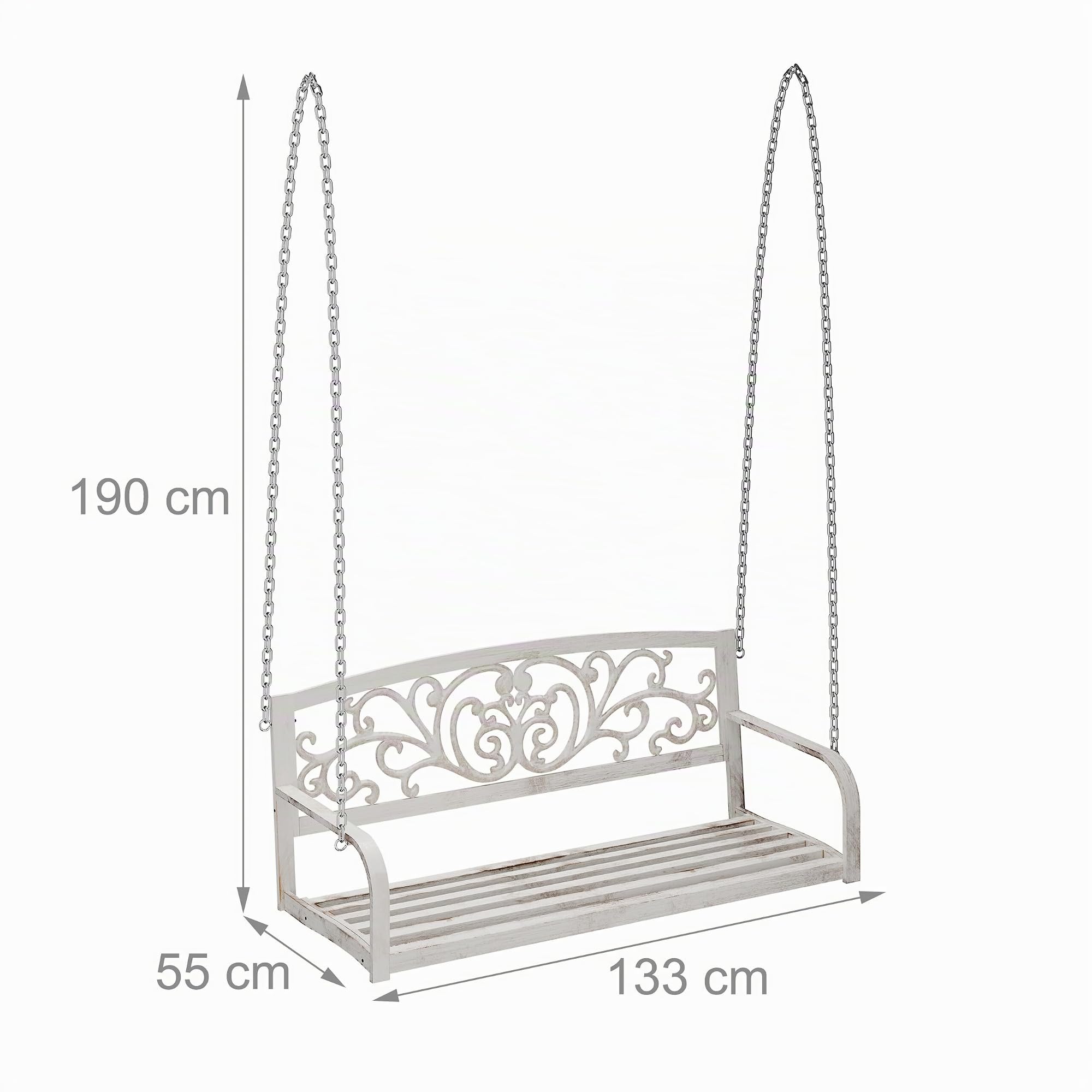 Relaxdays Dondolo Sospeso, Panca da Giardino da Appendere, Panchina Metallo, 2 Posti, HLP: 190x133x55 cm, Bianco Bronzo
