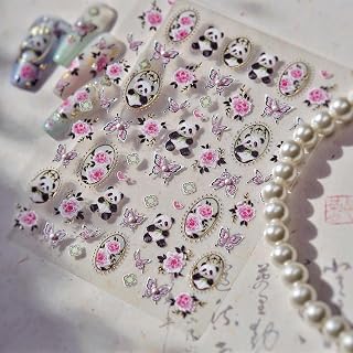 Cute Panda Nail Art Stickers 5D Embossed Embroidered Pink Butterfly Flowers Nail Design Crystal Diamond Nail Decals for Nail Art Self Adhesive Nail Supplies for Women DIY Manicure