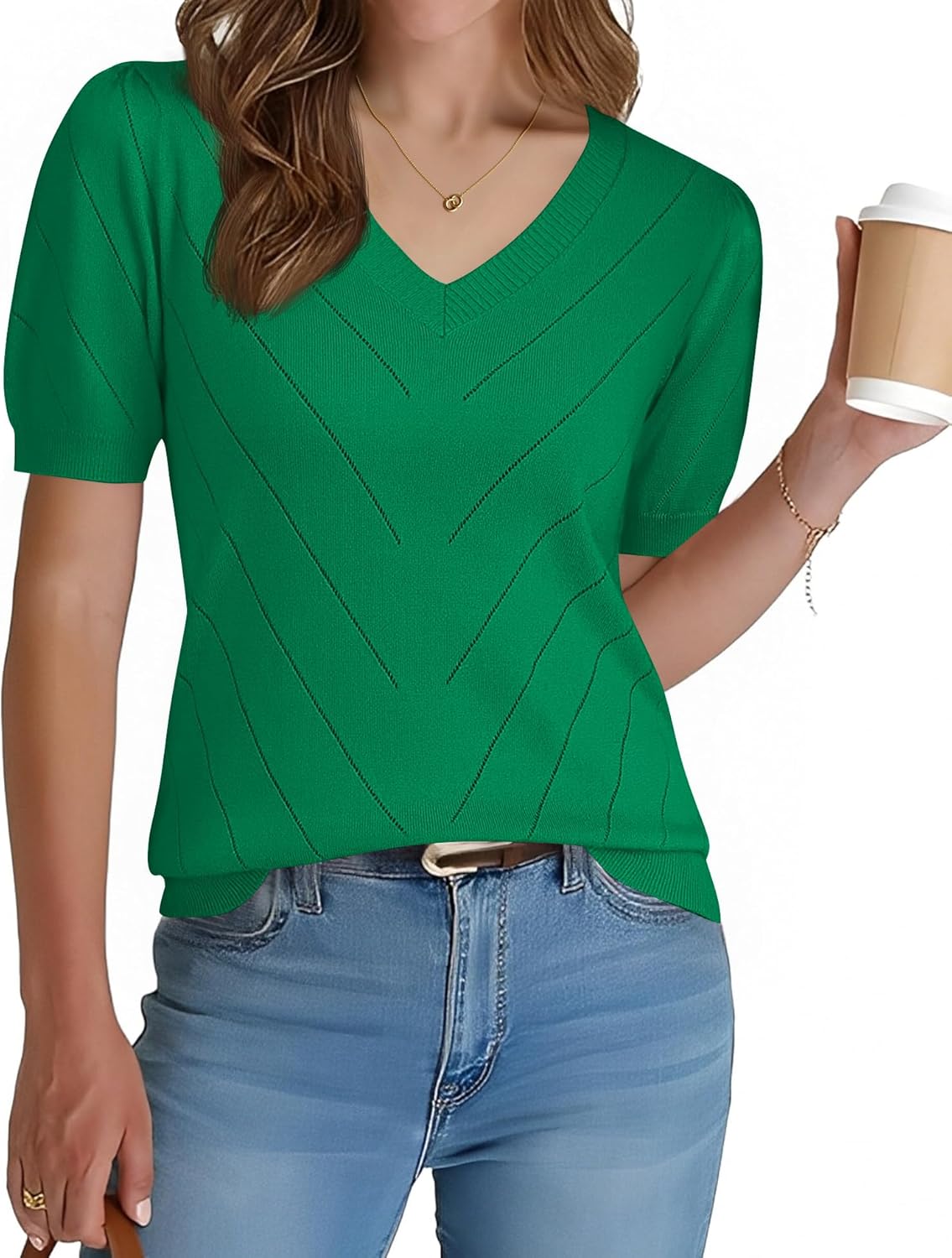 LOMON Womens Sweaters Puff Short Sleeve Lightweight Knit Summer Fall Tops Dressy V-Neck Work Blouses Business Casual Outfits - Image 2