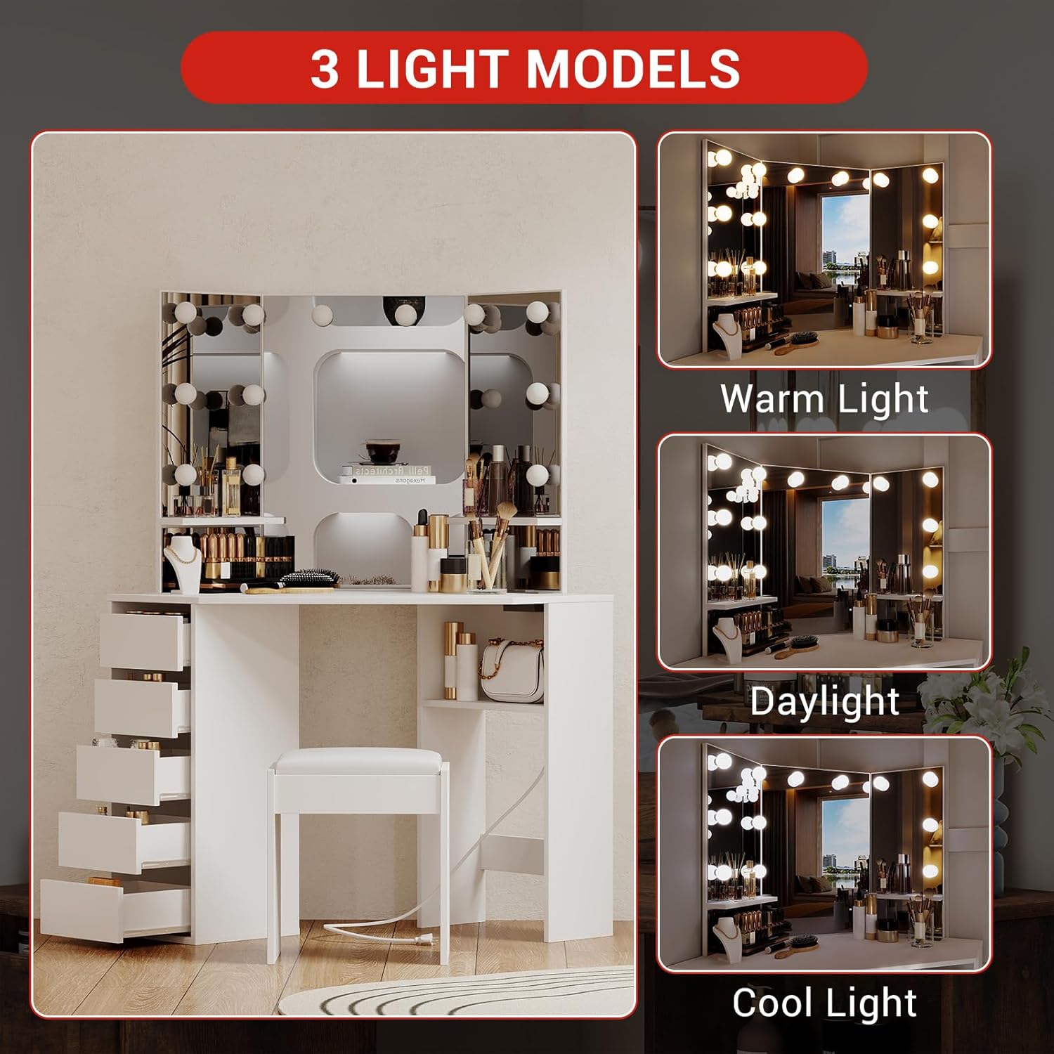 Corner Vanity Desk with Mirror and Led Lights - Makeup Table with 5 Drawers, Shelves, and Vanity Stool - Perfect for Bedroom or Bathroom, White