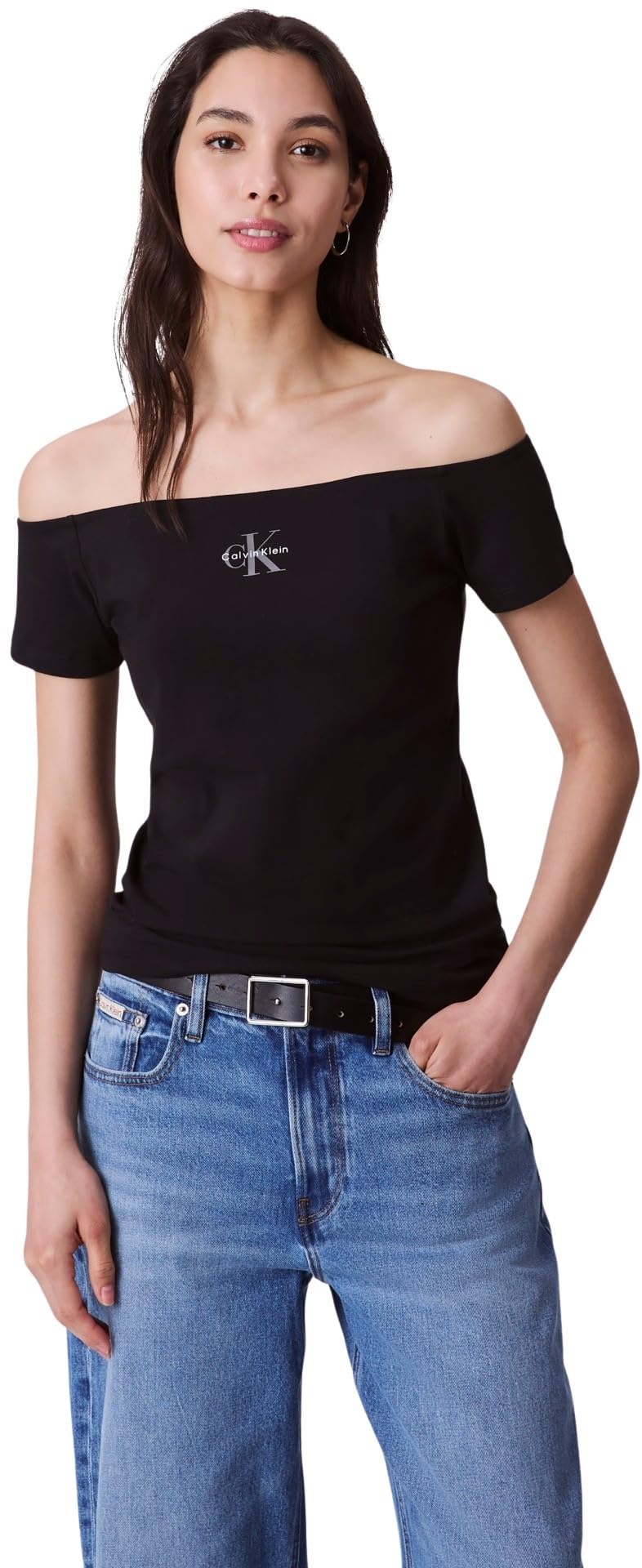 Calvin Klein Damen T-Shirt Off-Shoulder Schwarz, Größe M