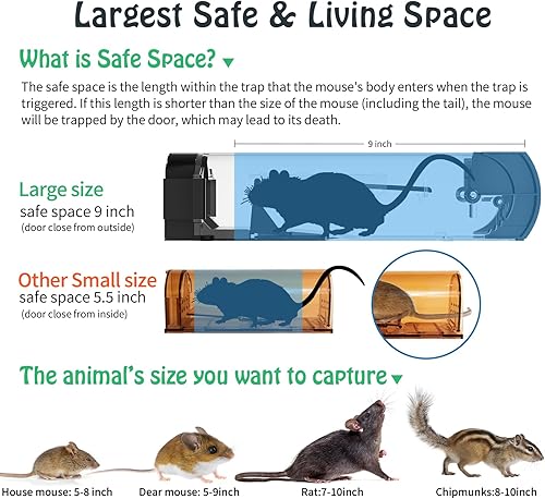Miniatura 5 de Trampas Humanas para Ratones, Trampas de 12 Pulgadas Ampliadas Sin Matar para Ardillas, Trampas para Ratones Reutilizables de Captura y Liberación,