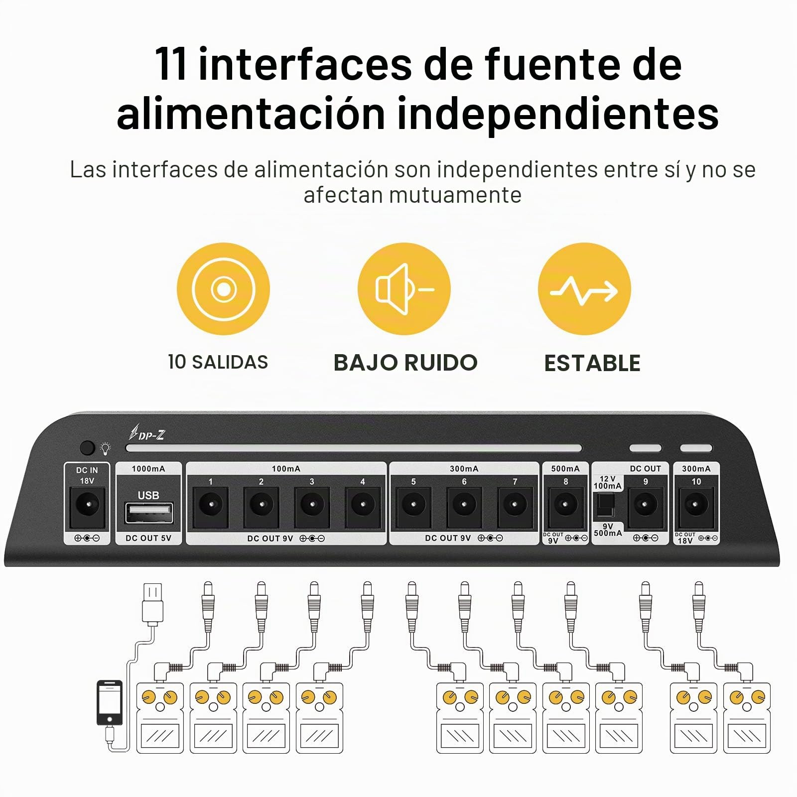 Donner DP-Z 9V Guitarra Pedal Fuente de alimentación 10 Salida CC aislada con puerto USB para 9V/12V/18V Pedal de efecto DC 18v 2000m Entrada