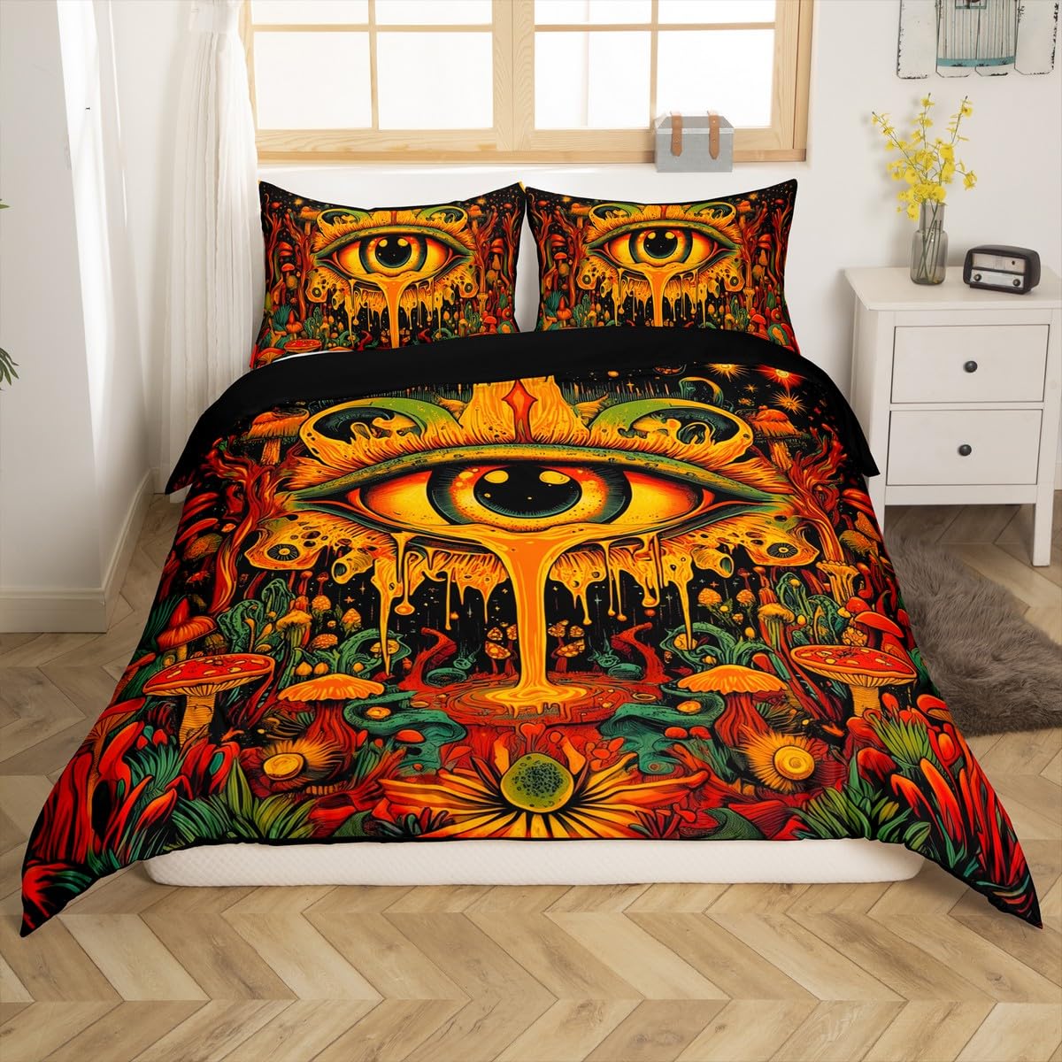 Devil's Eye Duvet Cover Double Size,Terrifying Style Green Plants Comforter Cover for Adults Kids Bedroom Decor,Sun Mushroom Eyeball Decorative Bedding Set(No Comforter),2 Pillowcases - Image 2