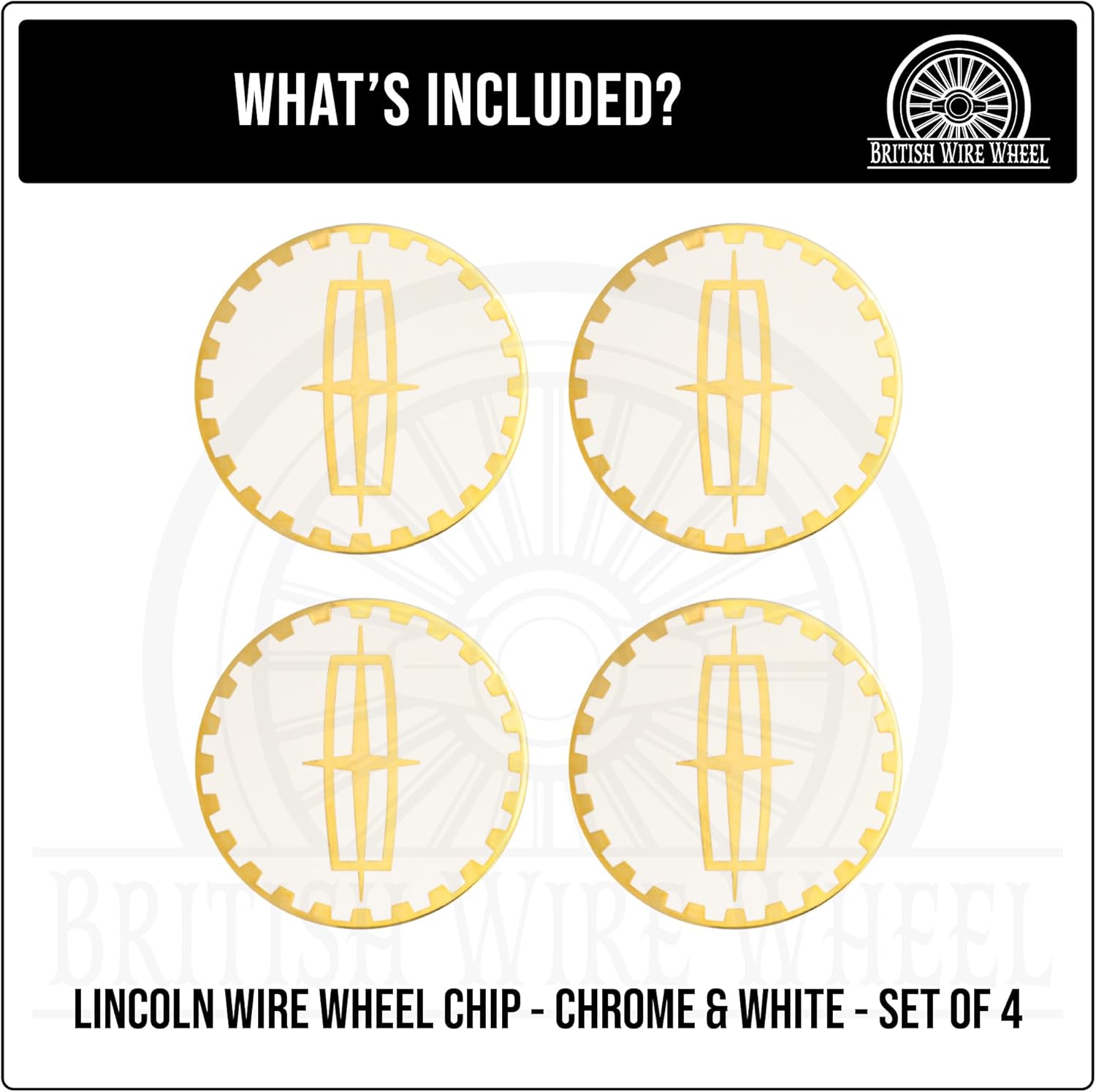 LINC Gold & White Metal Wheel Chip Emblems (Set of 4) | 24K Triple Gold Plated Solid Metal Wheel Chip Emblems, 2.25" | for Lowriders with Recessed Knock Off Spinner Caps