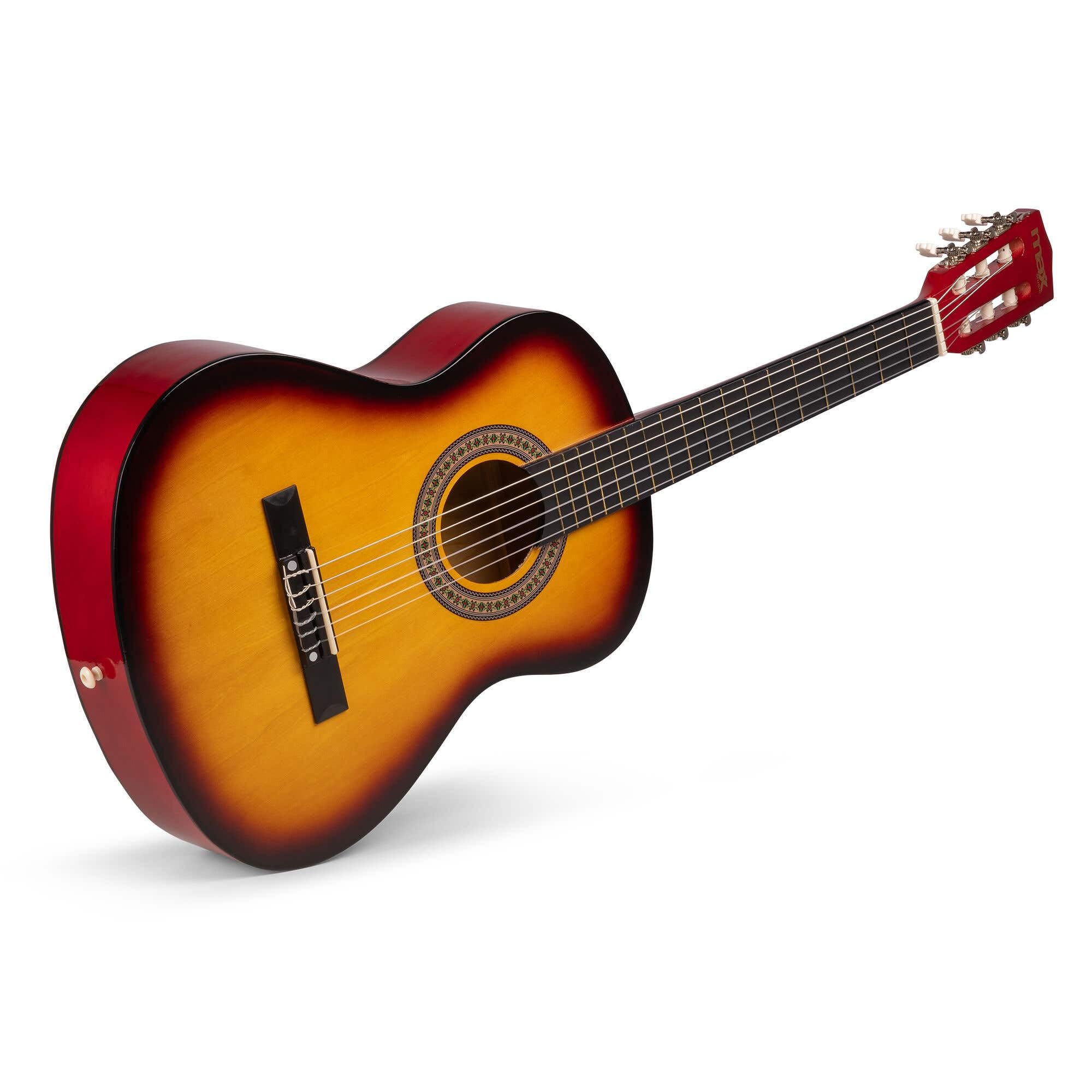 Max SoloArt Pack Guitare Classique Junior 3/4 - Sunburst, Cordes en Nylon, 8 à 12 ans, Sac de Transport, Médiators, Sangle, Support Guitare, un Cadeau pour Enfants Idéal pour Débuter la Guitare