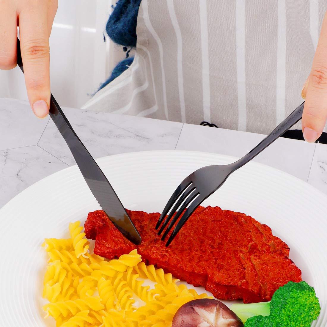 Buyer Star - Set di posate in acciaio inox, stile classico, sottile, nero, per ristorante e hotel, servizio da tavola lucidato, per 6 persone