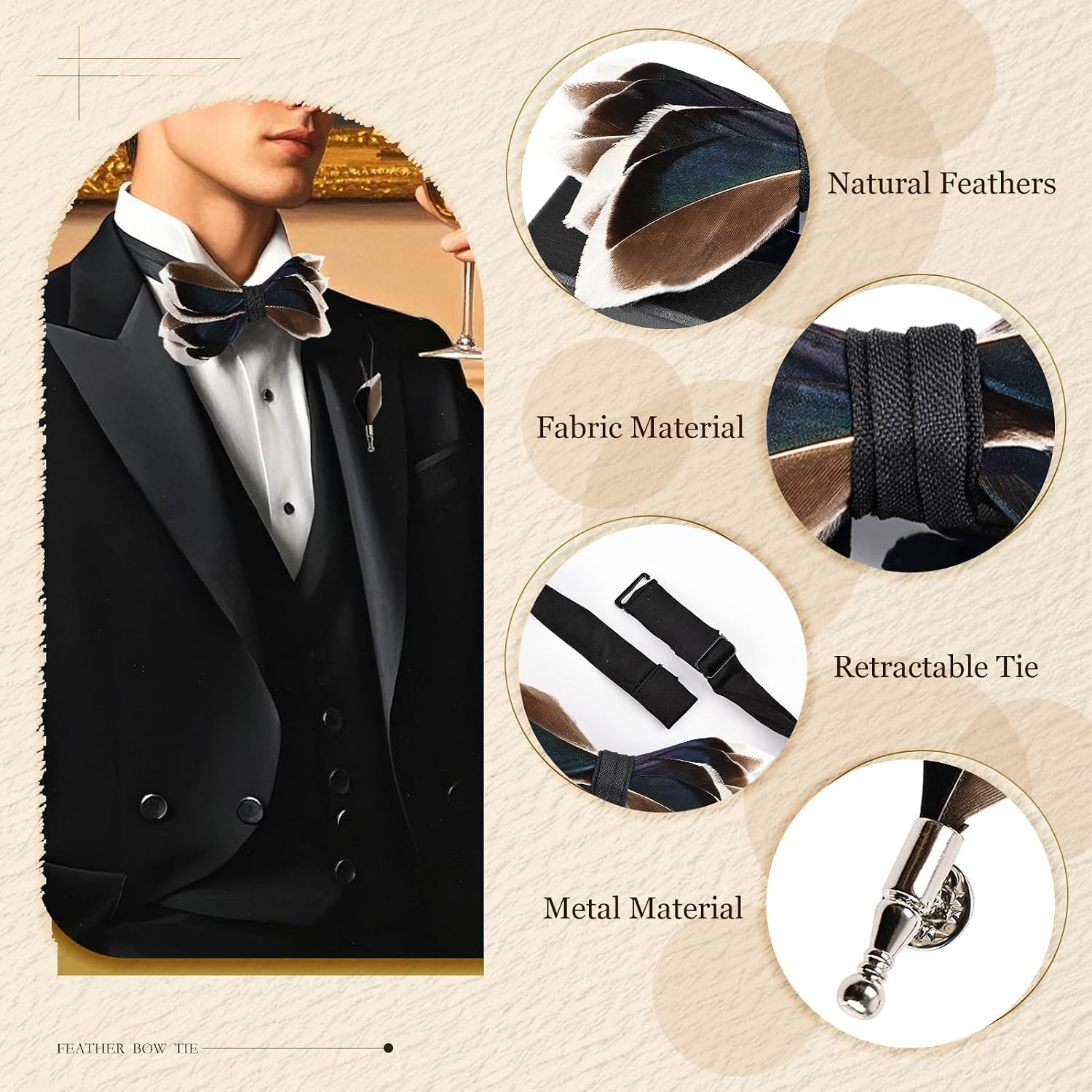 whitefeather Men's Feather Bow Tie & Brooch Set, Handmade Pre-tied Adjustable for Wedding Prom Tuxedo Accessory