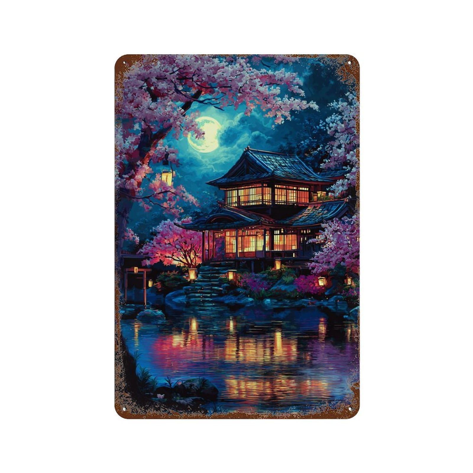 Cherry Blossom Moonlit Villa Rusty Metal Tin Sign 11.8"x7.9", Vintage Wall Decor for Garage, Pub Or Kitchen