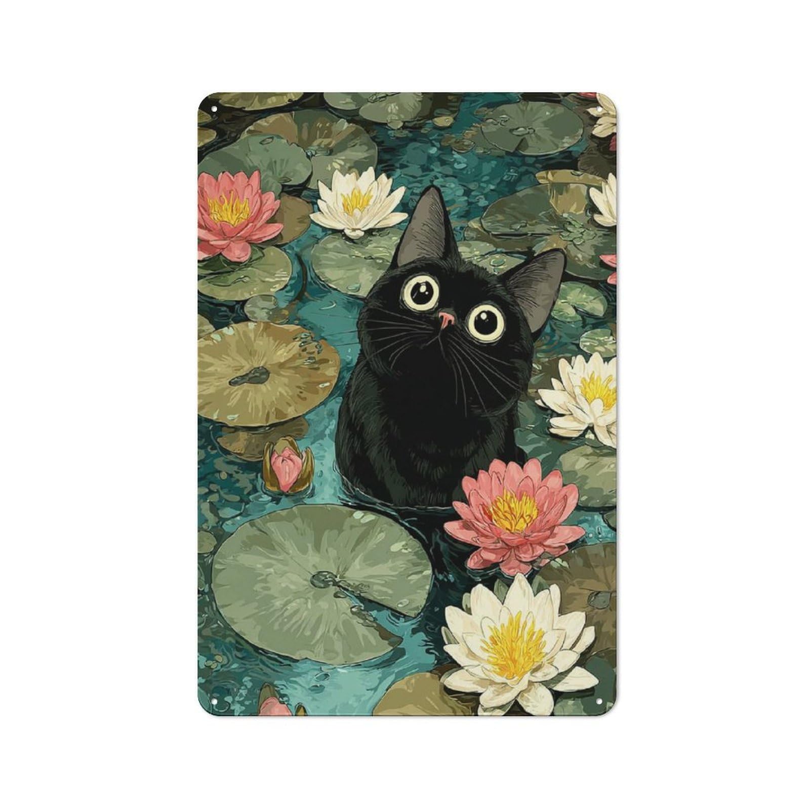 Junmoney Style-18 Black Cat In Lily Pond Illustration Metal Wall Sign 30X20cm, Retro Decor For Workshop Wall, For Garage, Workshop And Man Cave Decoration