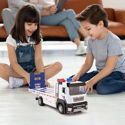 Miniatura 7 de BDTCTK Camión de cama plana de fricción con luces y sonidos, juguete de construcción Push and Go Gran regalo para niños pequeños, niños y niñas