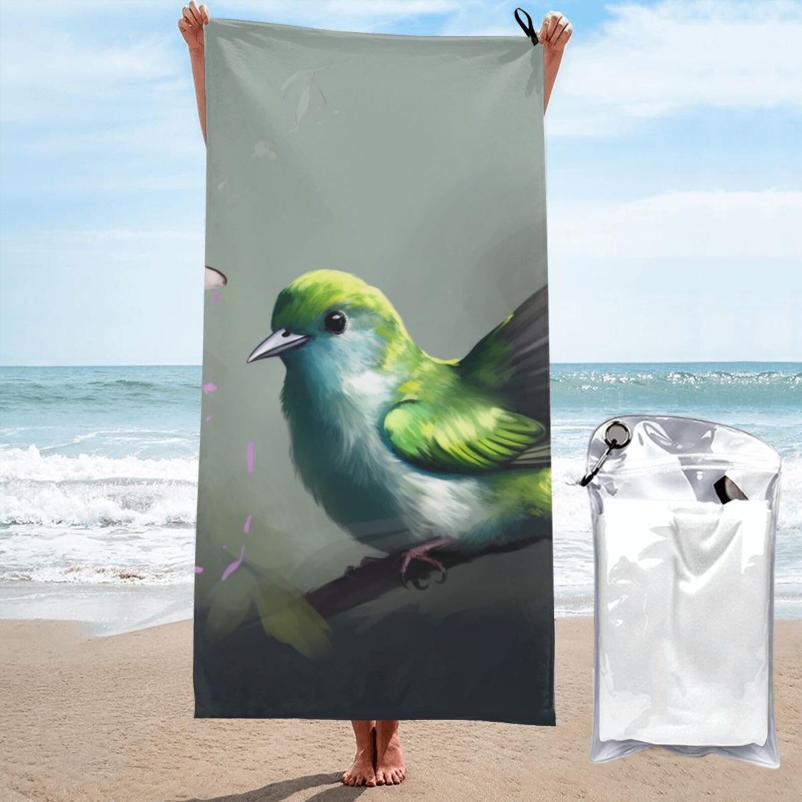 BWWHCCTI Green bird Printed Microfiber Quick Dry Beach Towel 80x160 CM, Fast Drying Bath Towels with Bags for Travel,Camping,Gym,Beach,Swimming,Yoga