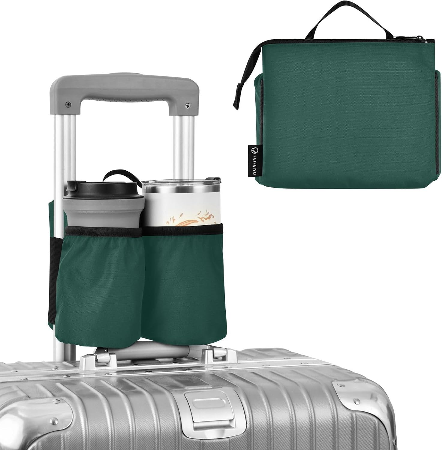 DOMIKING Leave Green Travel Luggage Cup Holder for Suitcase Free Hands Drink Stroller Caddy with Handle for Coffee Mugs Bottles
