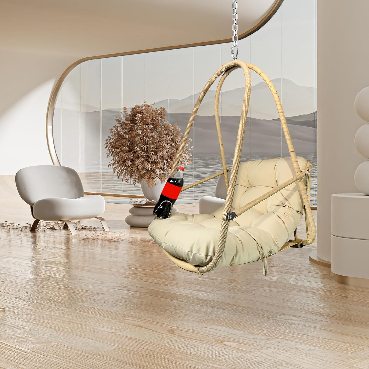 JESE Swing Egg Chair with Stand Foldable Wicker Frame UV Resistant Waterproof Cushion Hanging Chairs with Cup Holder 350lbs Capacity Swing Hammock Chairs for Patio Bedroom Indoor Outside (Beige)