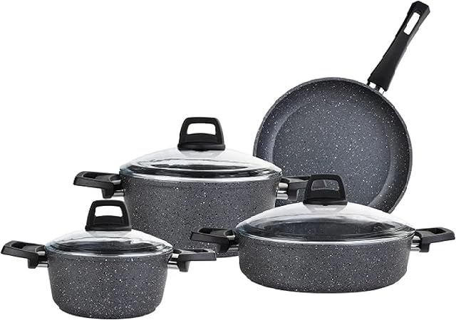 Karaca Atlas Bio Granite 4 Pieces Cookware Set, Cookware Set, Non-Stick Coating, Pot Pan Set with Glass Lids, Dishwasher Safe, Granite