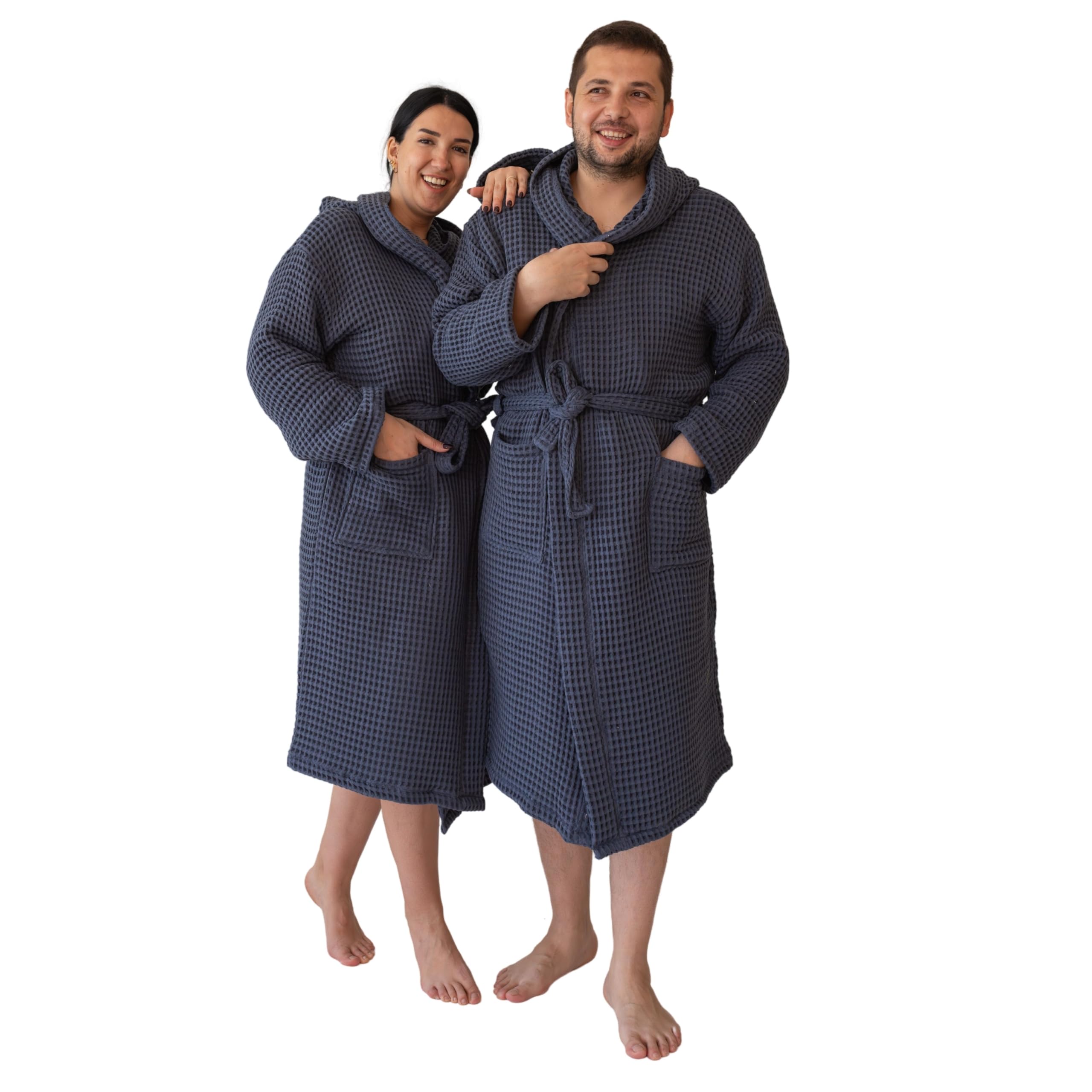 Viva Maison Unisex Hooded Waffle Robe for Women & Men 100% Turkish Cotton | Quick-Dry Bathrobe | Cozy Housecoat for Lounging