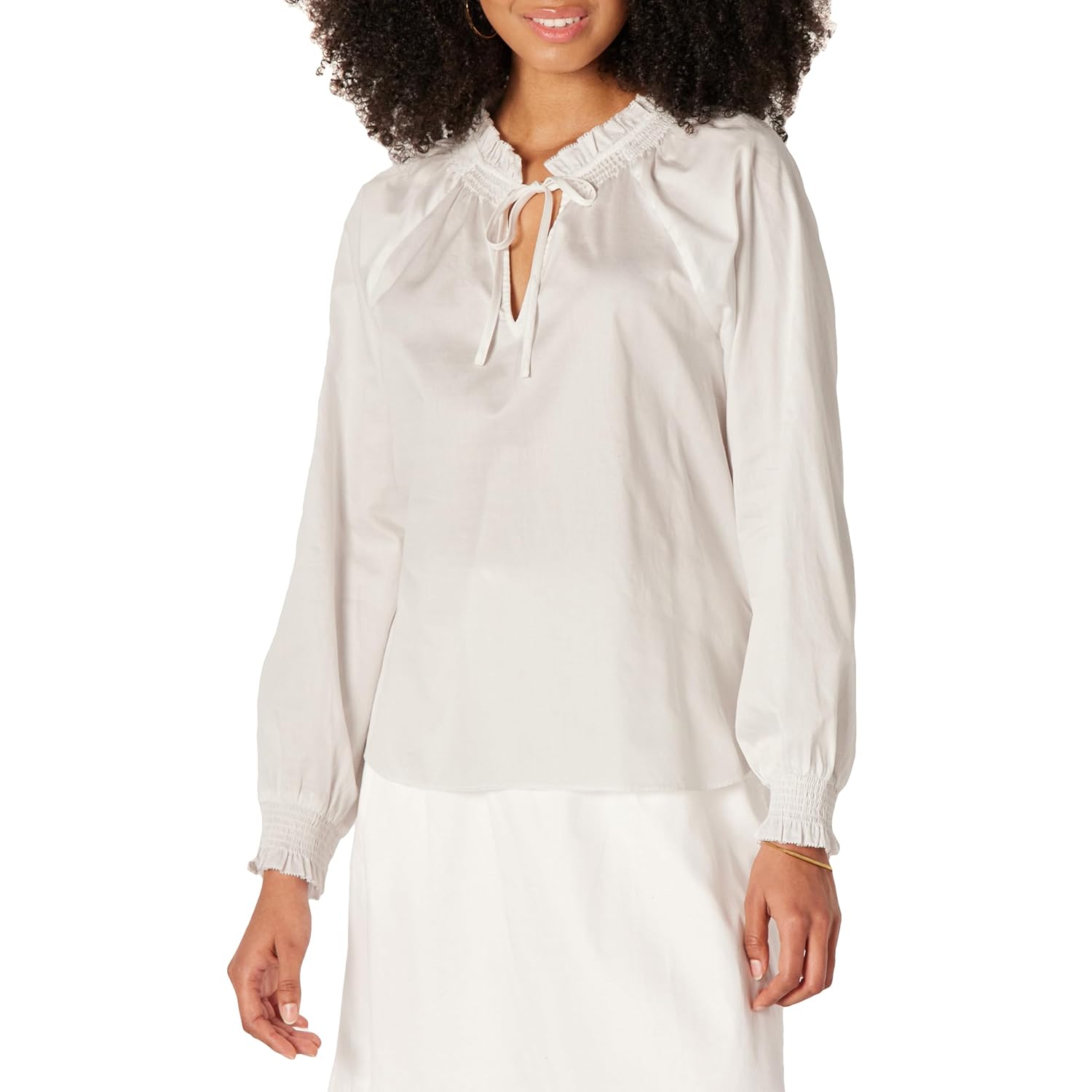 Amazon Essentials Womens Relaxed-Fit Ruffle-Neck Cotton Sateen Long-Sleeve