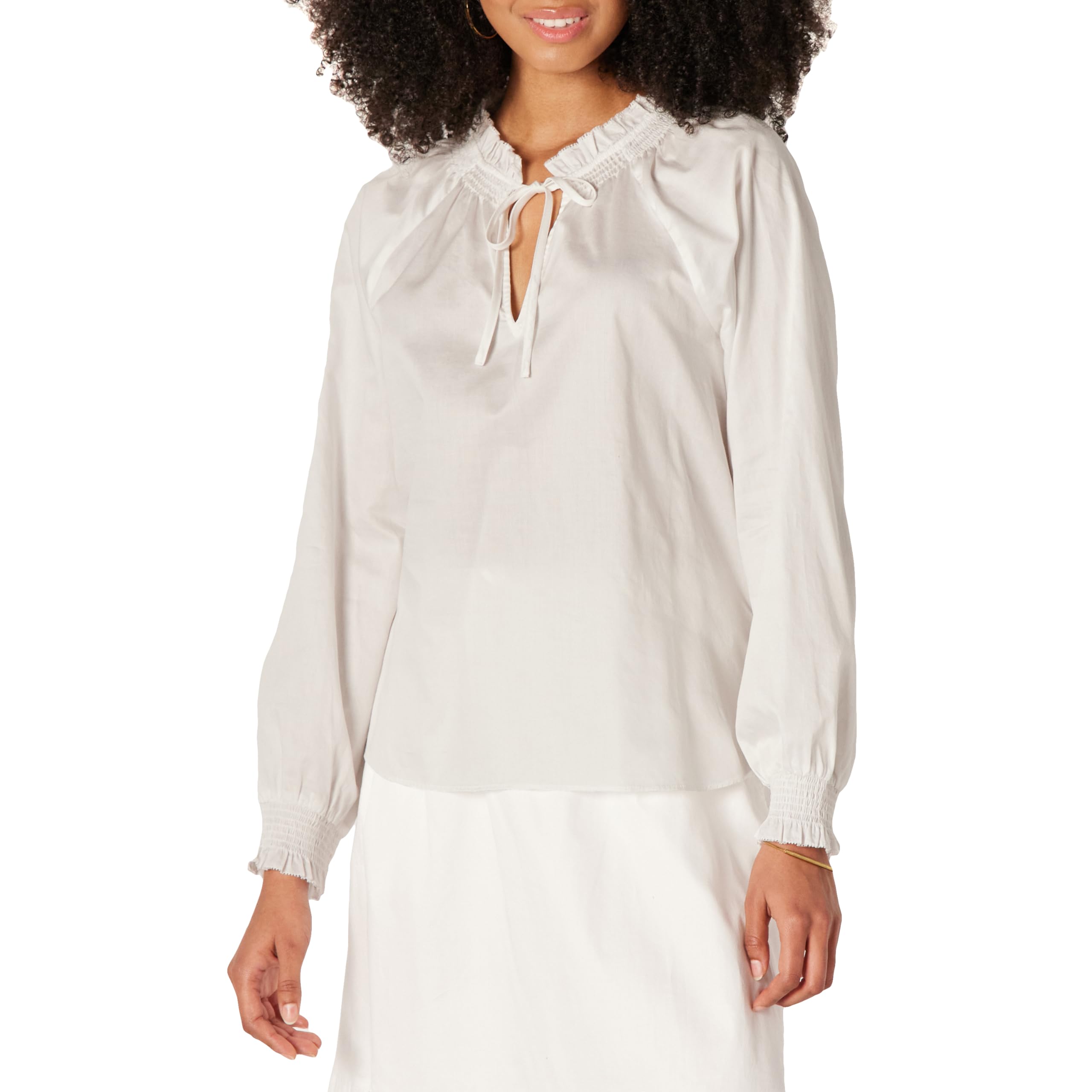 Amazon Essentials Womens Relaxed-Fit Ruffle-Neck Cotton Sateen Long-Sleeve