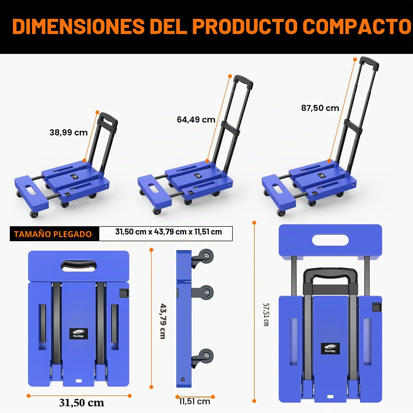 Ronlap Carretilla Plegable, Carretilla de Transporte Plegable con 2 Cuerdas Extensibles - Capacidad de Carga 225 KG, con 6 Ruedas Área de Carga Extra Grande, Azul
