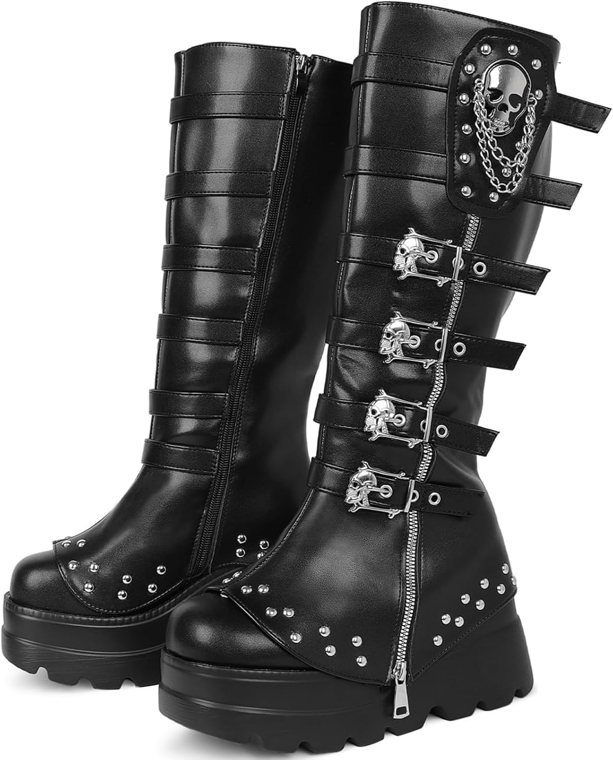 Women's Knee High Wedge Platform Boots Round Toe Punk Goth Mid Calf Motorcycle Combat Boot Metal Buckle Chunky Heel Boots