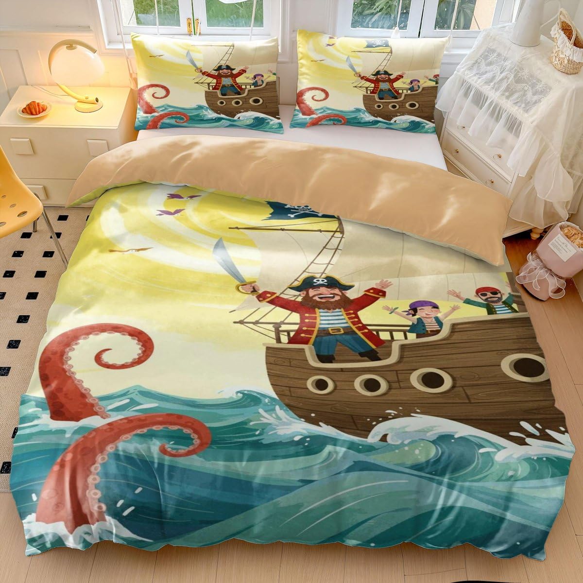 Tier-Piratenschiff-Bettwäsche, sonniges Meer, Abenteuer, Cartoon-Bettbezug, weiche Mikrofaser, Bettbezug für Kinder, Jungen, Mädchen, Schlafzimmer, Dekoration (Stil 3, Einzelbett 135 x 200 cm + 65 x