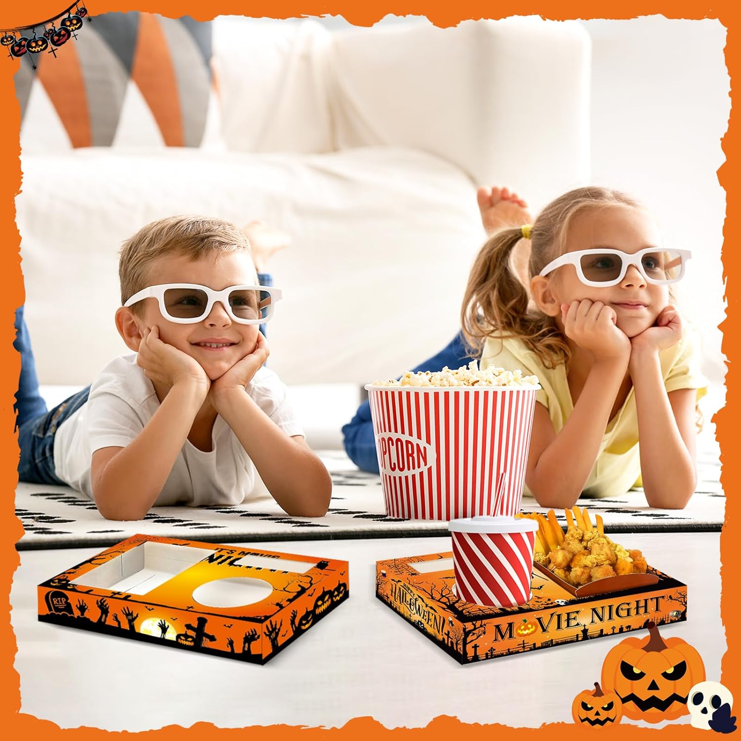 QOUBAI 50Pcs Halloween Party Supplies Movie Night Paper Snack Trays Happy Halloween Castle Candy Popcorn Drink Holder Theater Snack Boxes for Movie Theater Family Birthday Holiday Party Decorations