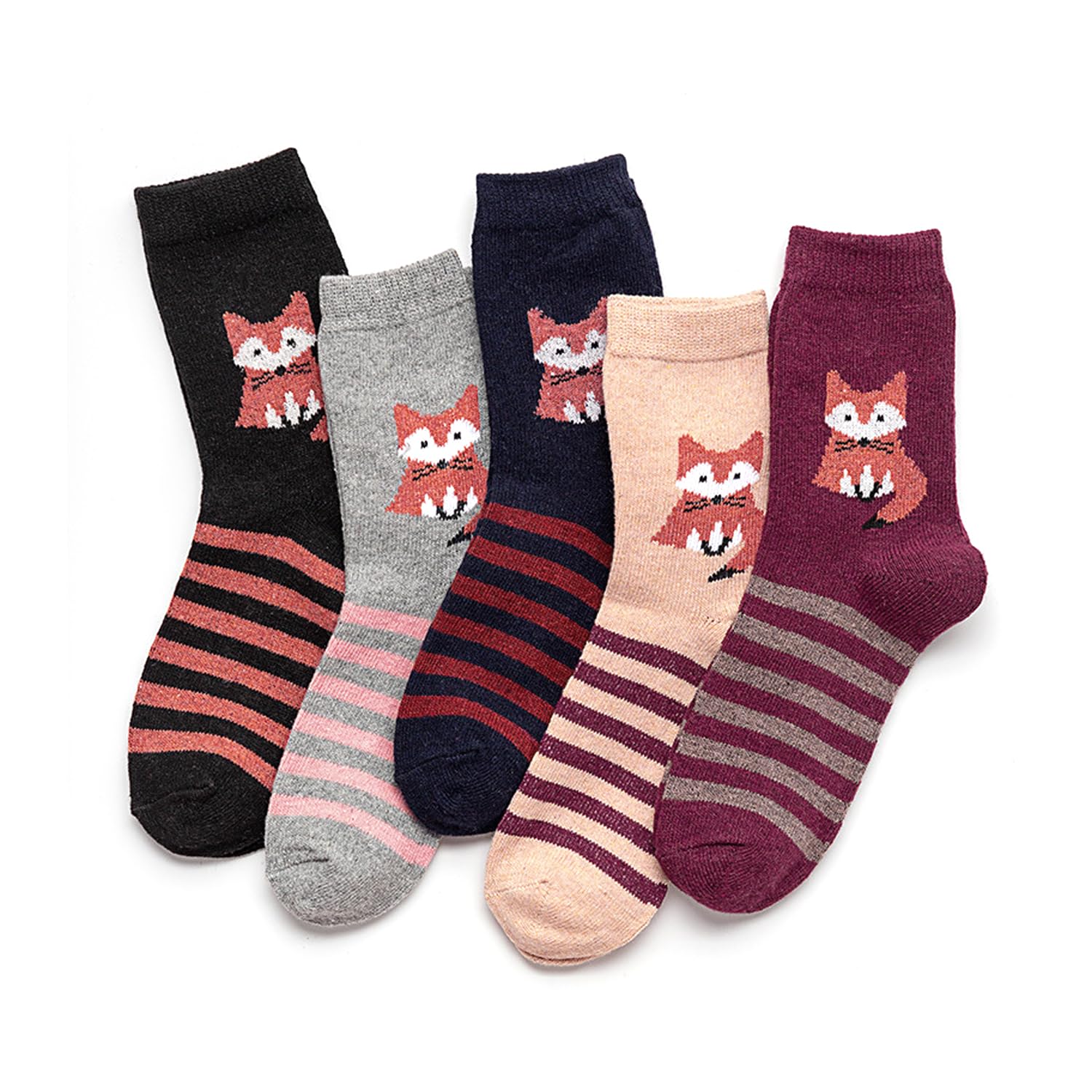Ffdhwu Unisex Multicolor 5 Pairs Of Fox Print Socks, Cute Women's Socks, Warm, Soft Mid-Calf Socks