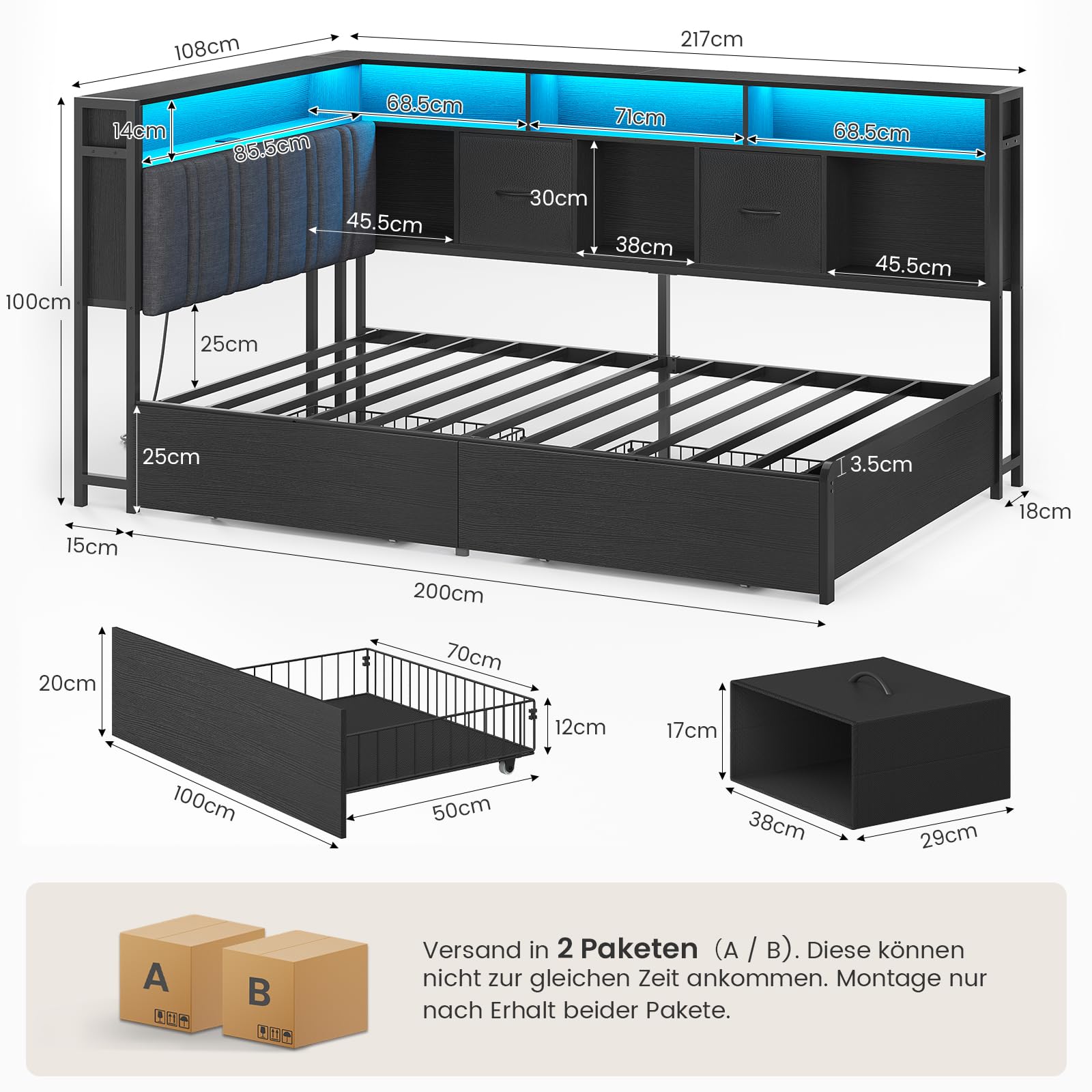 Polsterbett Schlafsofa 90 x 200 mit LED-Beleuchtung und USB-Ladestation,Jugendbett 90 x 200 cm,Tagesbett,Eckbettgestell aus LED-Metall mit 2 Schubladen und Bücherregal,Grau