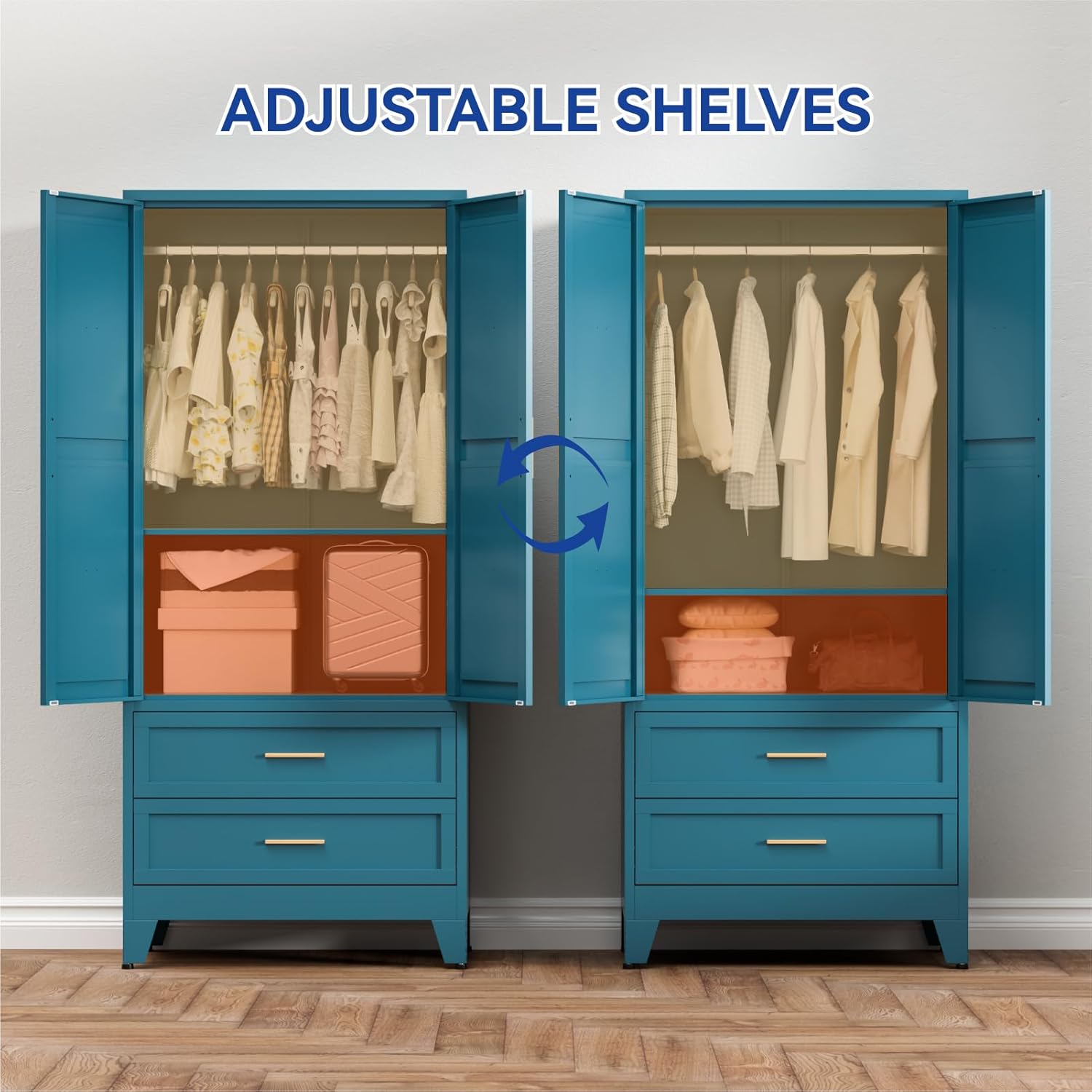 Illustration of adjustable shelves in the COFaR wardrobe