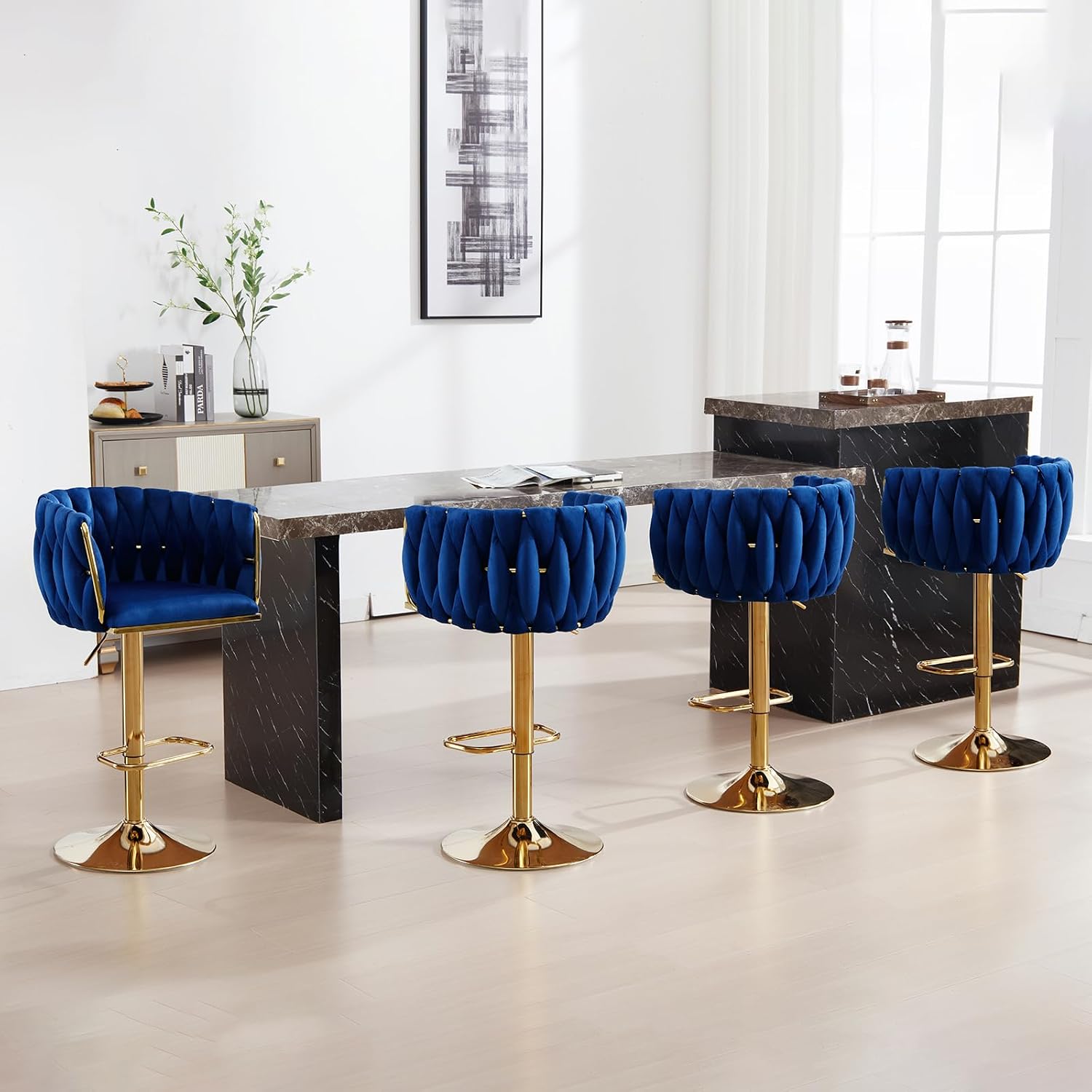 Gold Bar Stools Set of 2, Velvet Adjustable Bar Chairs with Woven Low Back, Modern Swivel Upholstered Counter Height Chairs for Kitchen Island, Dining, Pub, Navy Blue
