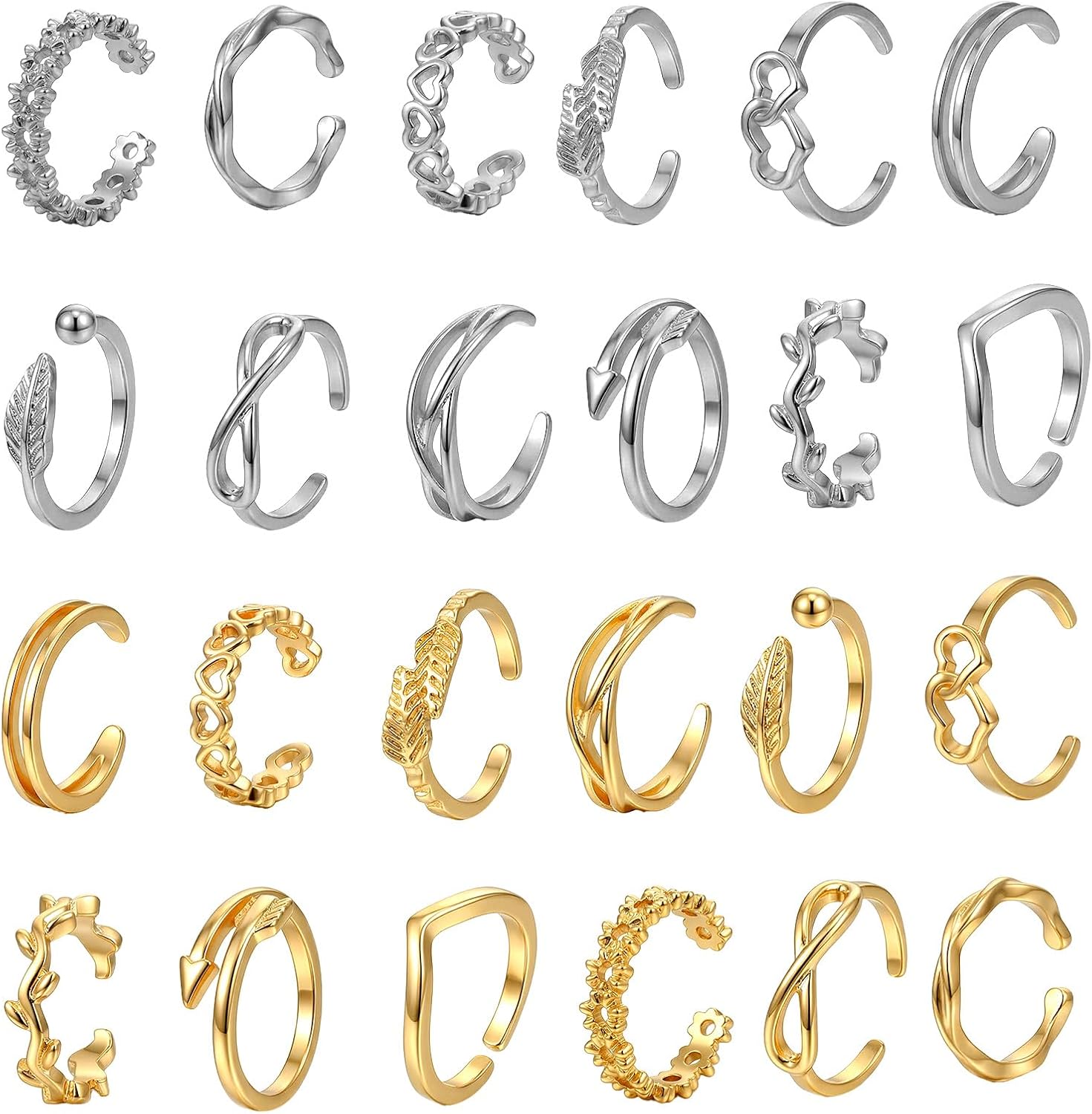 Tyqour 24PCS Toe Rings for Women Toe Rings Silver Adjustable Women's Rings Stainless Steel Waterproof Summer Beach Foot Jewelry