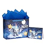 Loveinside Baby Boy Gift Bag Blue Elephant Design with Tissue Paper and Greeting Card for Baby Shower, New Parents, and More - 13 x 5 x 10, 1 Pcs