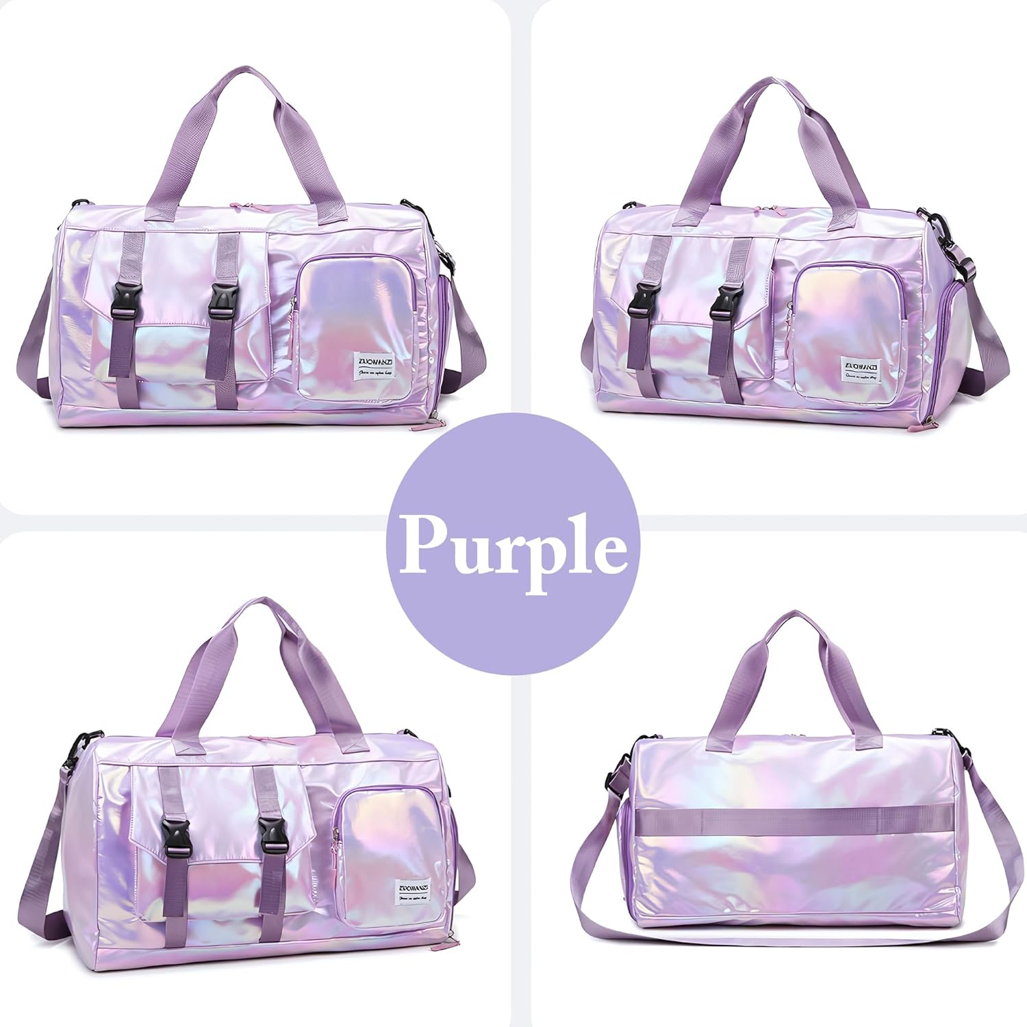 Personalized Gym Bag for Women,Weekender Duffle for Travel,Lightweight Carry on Bag with Shoe Compartment,Overnight Travel,Self Adhesive Chenille Letter Patches for DIY Decoration(Purple)