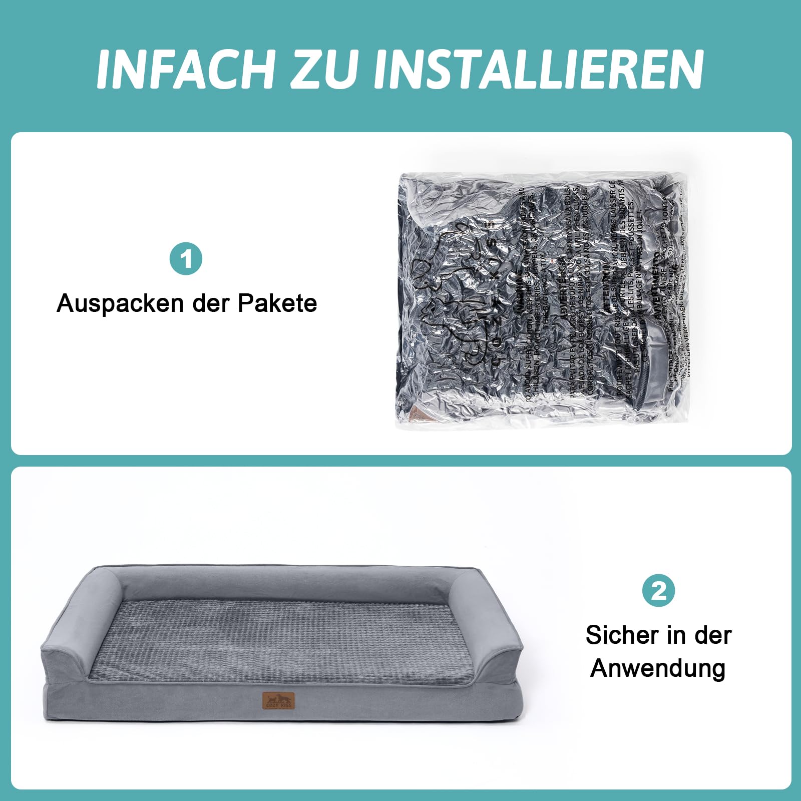 COZY KISS Ortho Hundesofa L,stützend,wasserdicht,rutschfest,Grau-U | abnehmbar und wasserfest