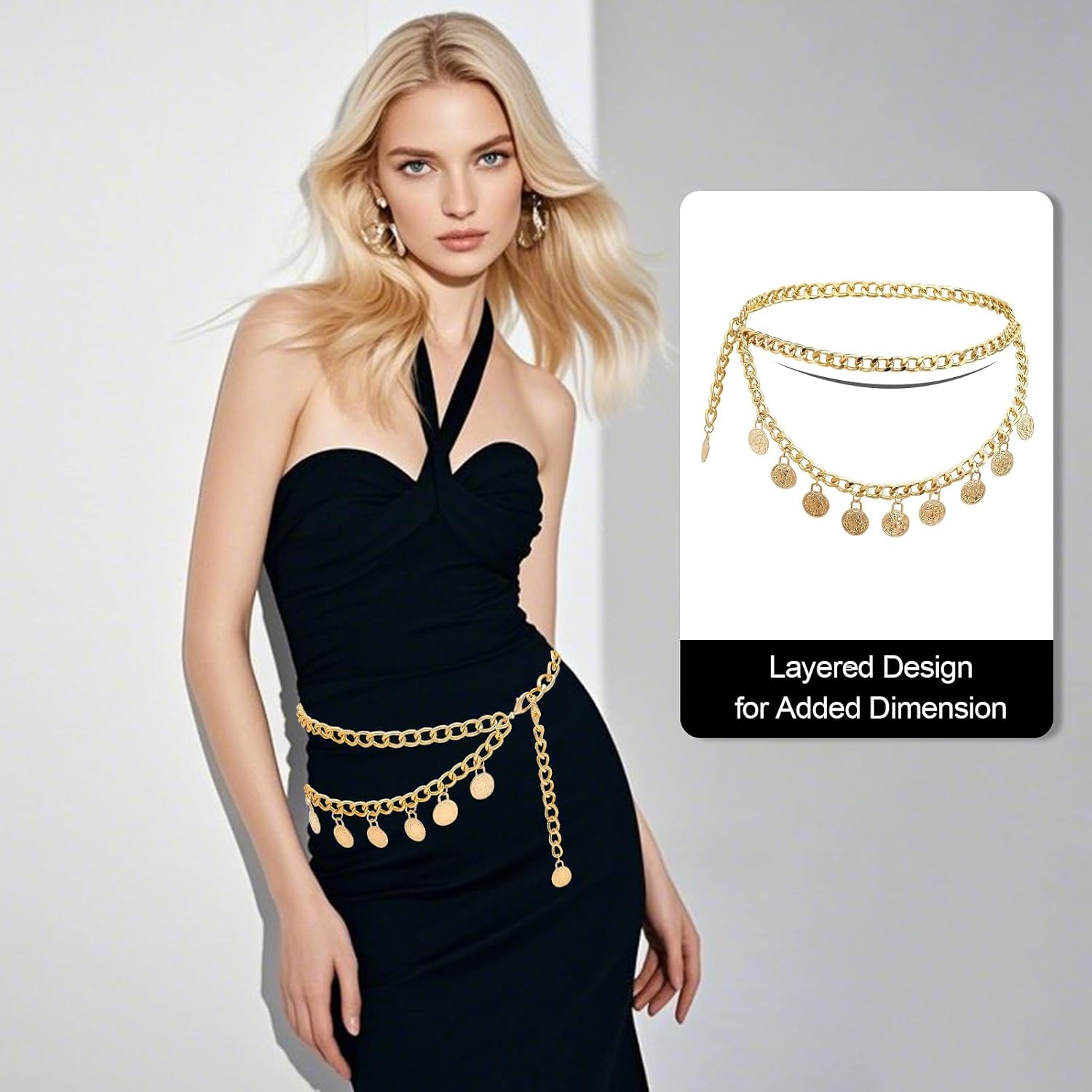 Gold Chain Belt, Waist Chain with Coin Pendants, Belts for Women 38.6 in Adjustable Metal Body Jewelry for Dresses, Medieval Boho Festival Costume Accessory