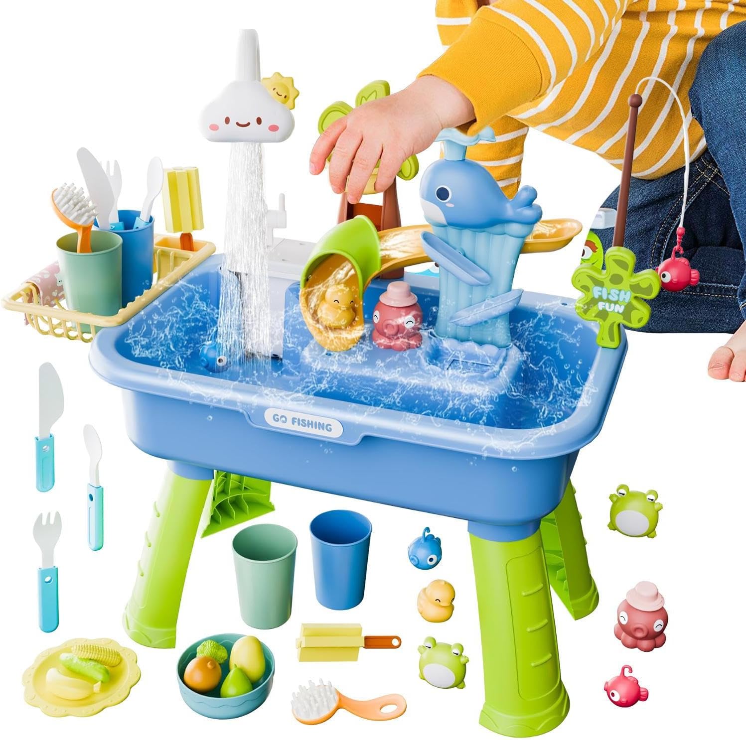 Kids Electric Fishing Pond Water Table, 54x29x53cm ABS Sand and Water Activity Table, Kids Waters Play Tables, 4 in 1sElectric Play Sink with Running Waters and Pump for Summer Outdoor Toys