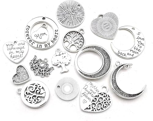 Miniatura 5 de Colección de dijes de palabras para mamá familiar, 32 piezas de suministros de manualidades, corazón y luna, palabras de amor, dijes para el día de