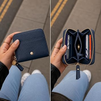 Woodland Leathers Small Purses for Women, RFID-Blocking Multi-Slot Card Wallet with Zippered Coin Pocket, Vegan Soft Leather, Compact Ladies Women Purse (Navy, Small)