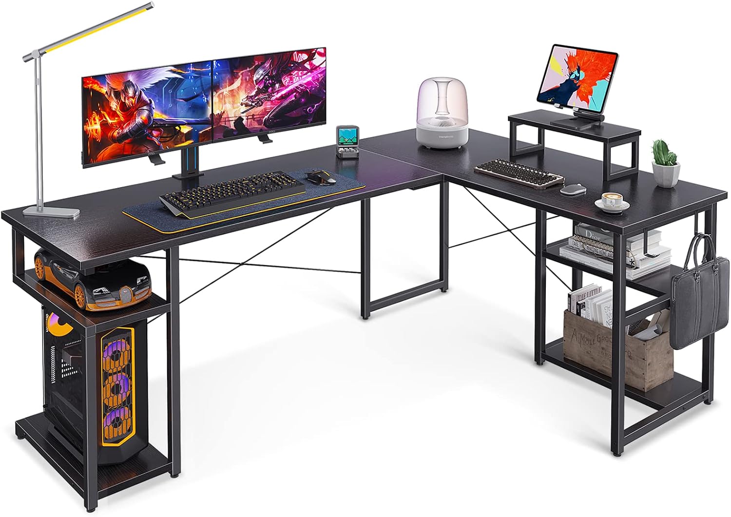 ODK 66" L Shaped Computer Desk with Storage Shelves & PC Gaming Desk with Monitor Stand, Home Office Writing Desk, Modern Larger Wooden Desk, Black