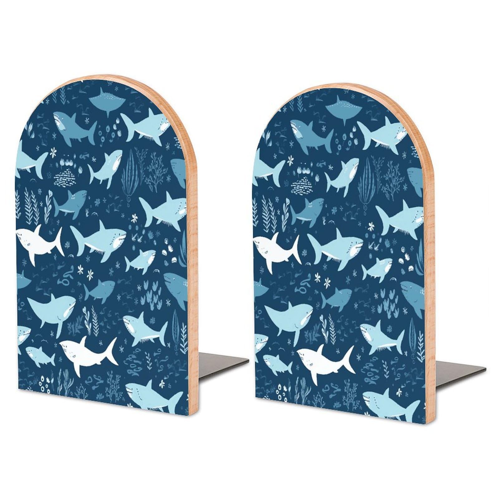 Sharks Bookend for Shelves Non-Skid Book Holder Modern Heavy Duty Bookend Stopper Metal Base Wood Book End Books Shelf Holder Home Decorative 1pair 6.7x3.9x4.7