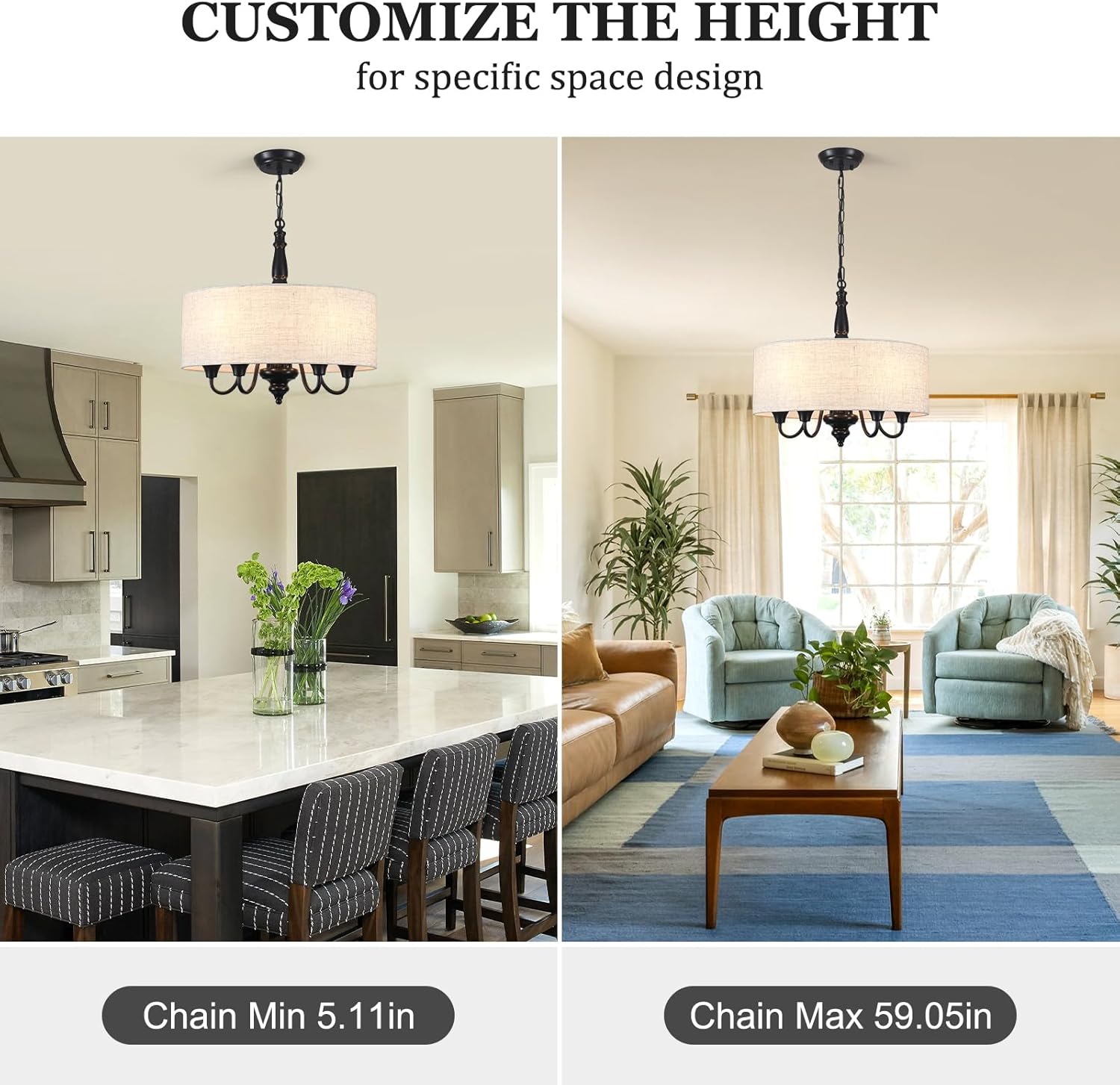 Drum Chandeliers for Dining Room, 5-Light Black Farmhouse Chandelier Round Hanging Light Fixture, 18'' Rustic Chandelier Linen Drum Pendant Light for Bedroom Foyer Living Room Hallway