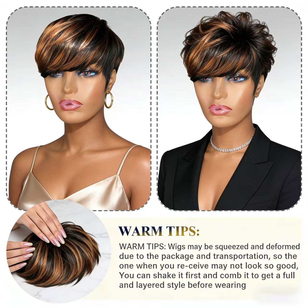 Pixie Cut Wig Human Hair for Women Highlight Brown Short Straight Wigs 100% Real Human Hair Glueless Pixie Wigs Short Layered Quick Get Up and Go Wigs