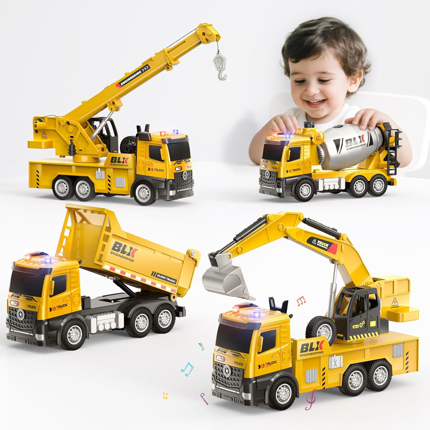 4 Pcs Alloy Construction Truck Toys For 2 3 4 5 Year Old Boys, 9" Construction Vehicles With Light & Sound, Include Excavator, Crane, Dump and Mixer, Ideas 2 3 4 5 Year Old Boy Birthday Gifts