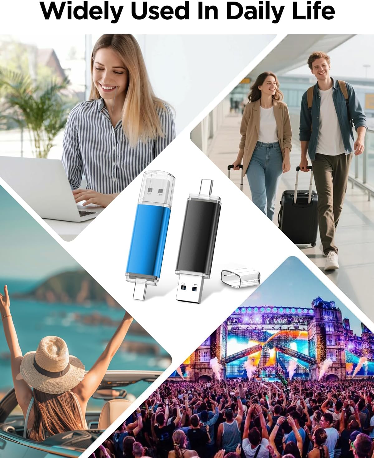 AreTop 64GB USB C Flash Drive Dual USB 2.0 Flash Drive Type C + USB A Portable USB-C Thumb Drive 2-in-1 Type-C Memory Stick for Android Smartphone, Computers, MacBook, Tablets, 2 Pack, (Black & Blue)